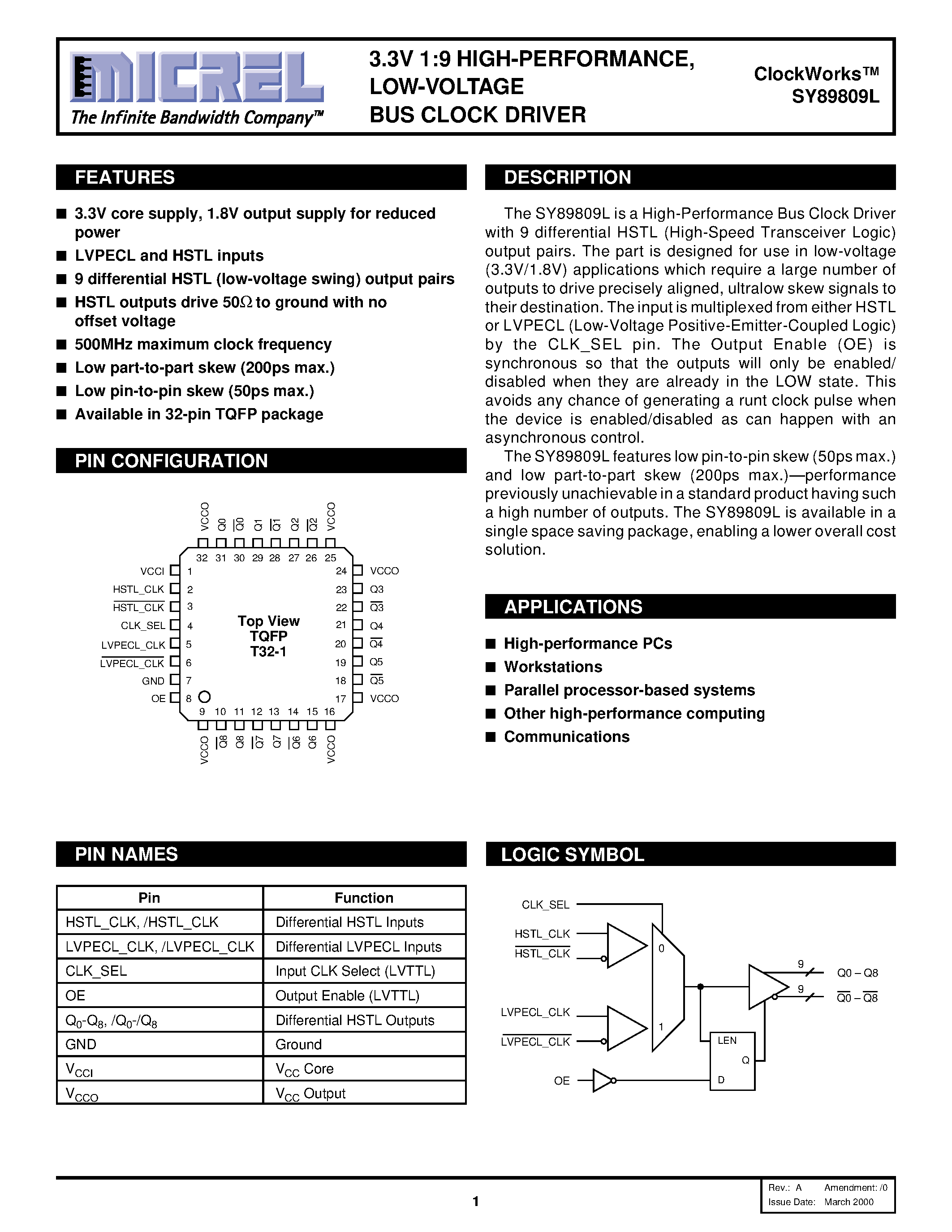 Datasheet SY89809L - 3.3V 1:9 HIGH-PERFORMANCE / LOW-VOLTAGE BUS CLOCK DRIVER page 1
