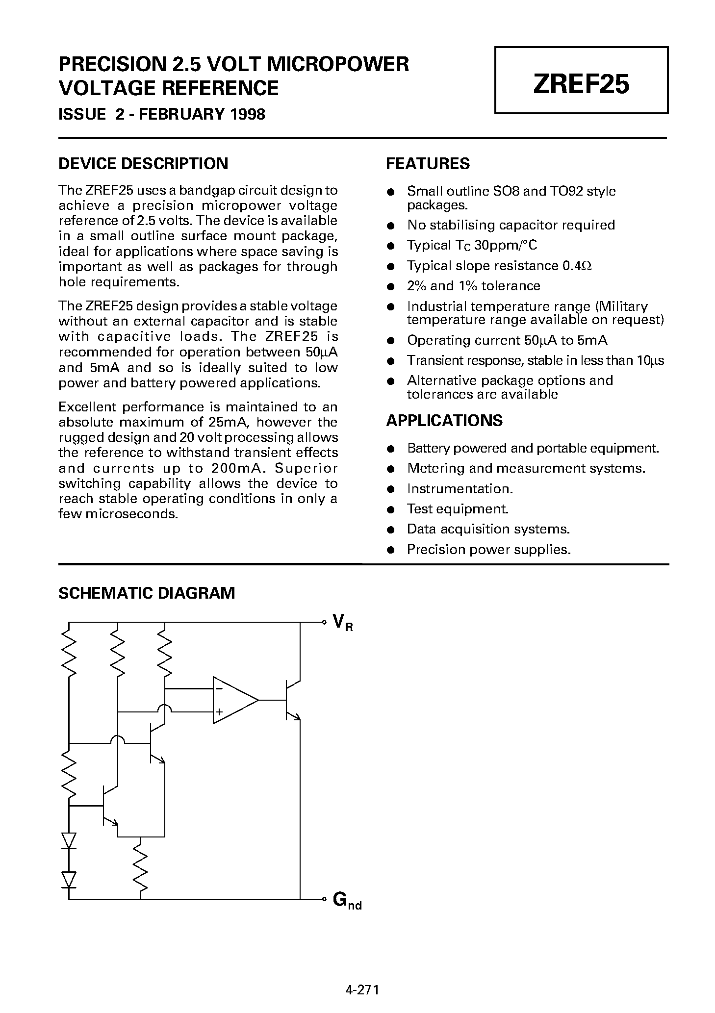 Datasheet ZREF25 - PRECISION 2.5 VOLT MICROPOWER VOLTAGE REFERENCE page 1