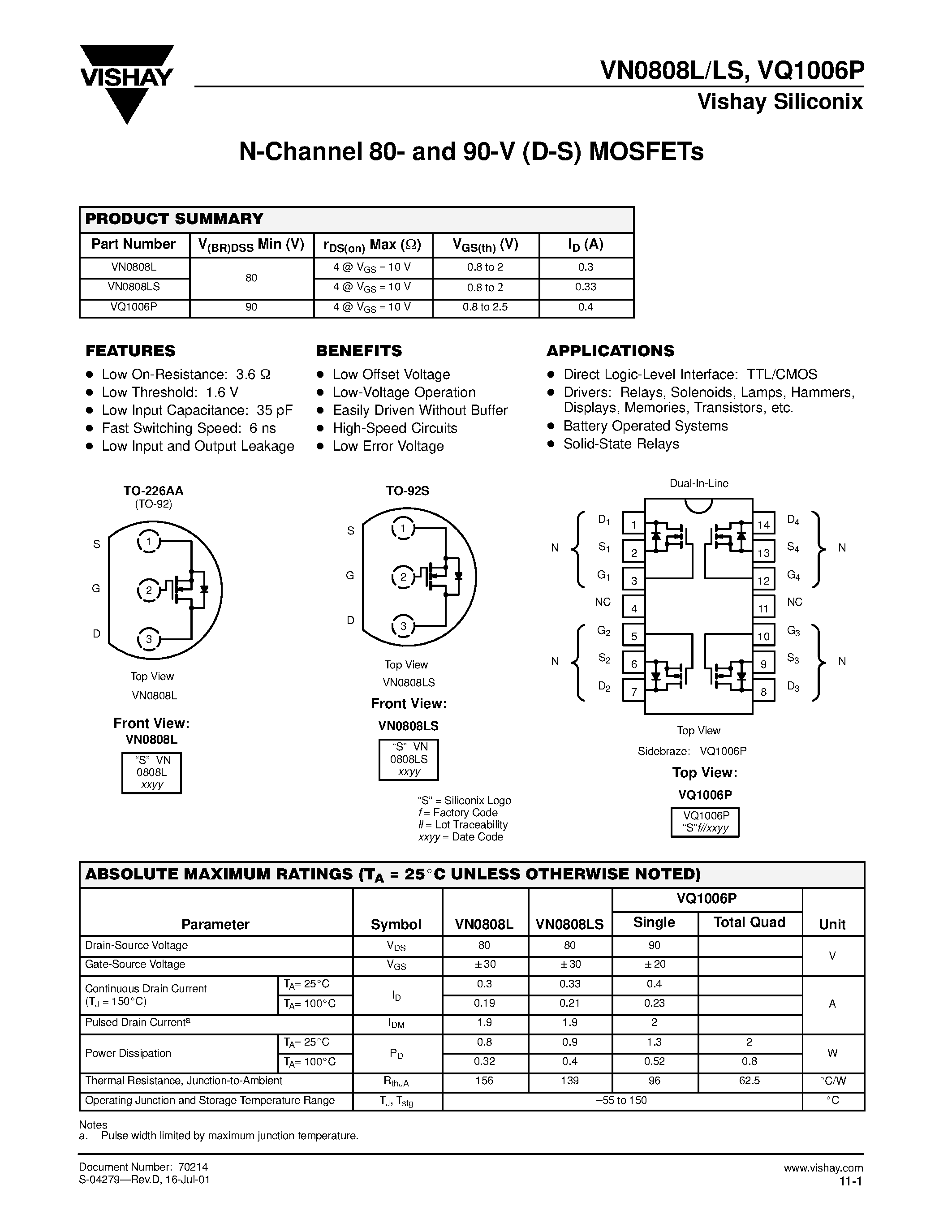 Даташит VQ1006P - N-Channel 80- and 90-V (D-S) MOSFETs страница 1