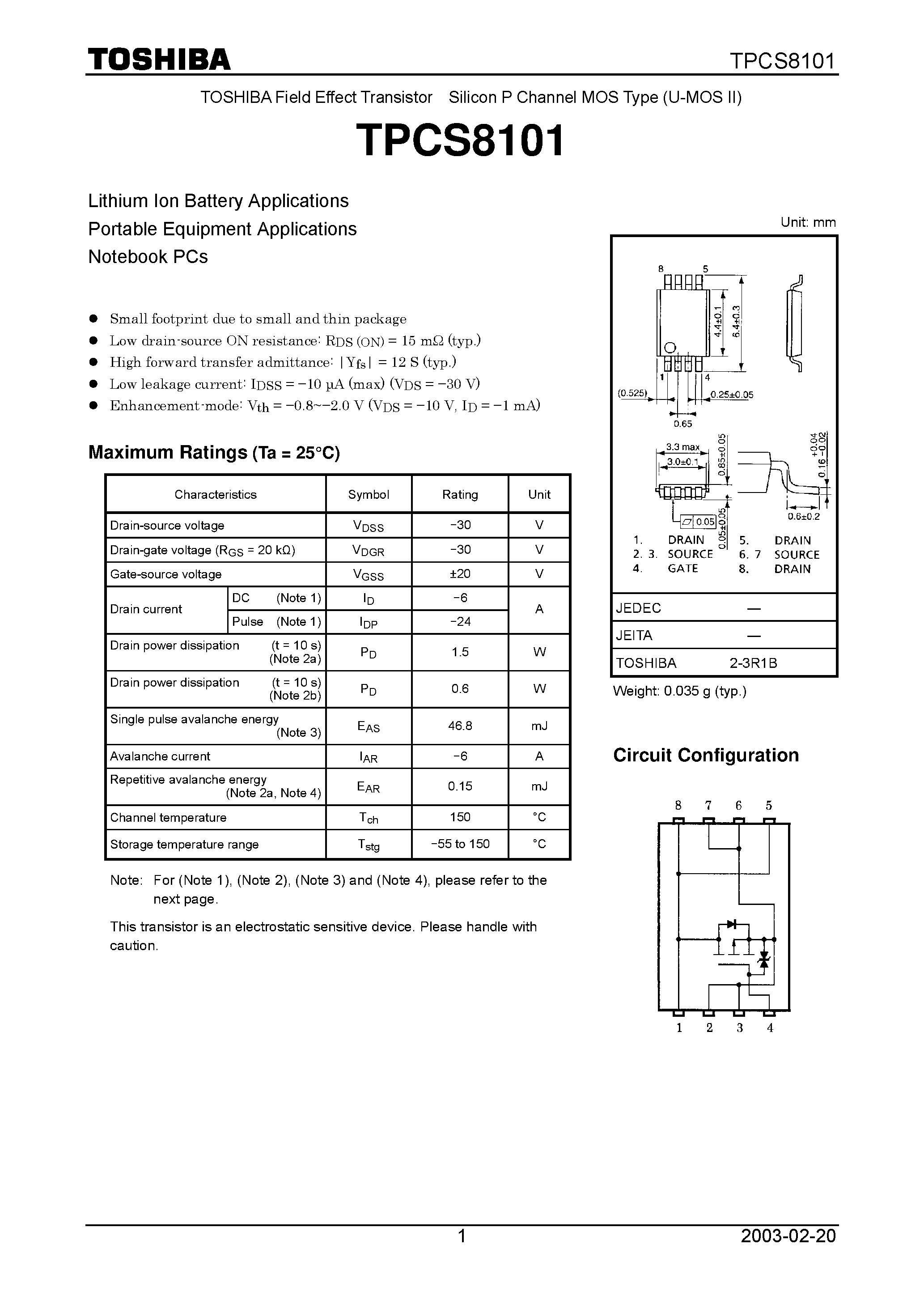 Даташит TPCS8101 - Effect Transistor Silicon P Channel MOS Type (U-MOS II) страница 1