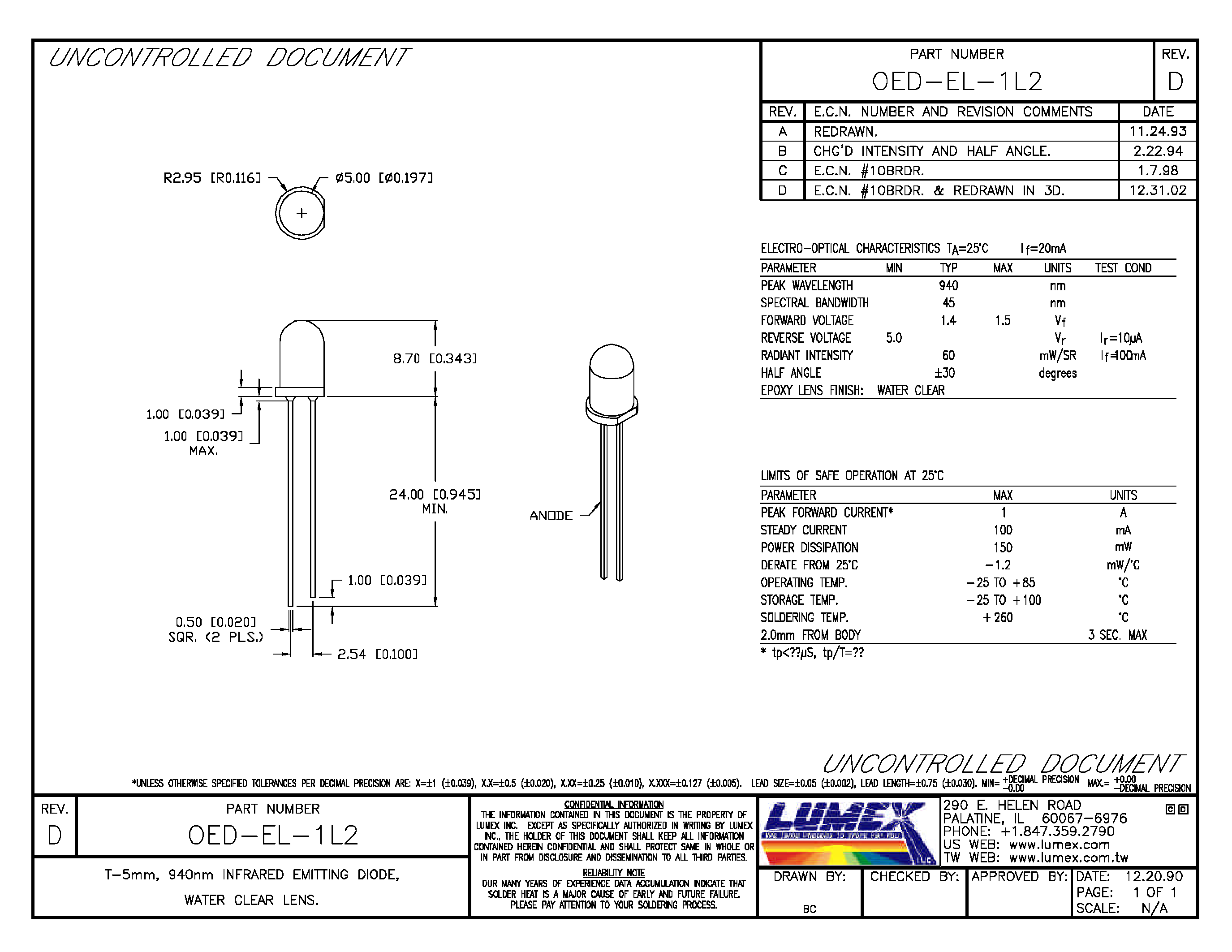 Datasheet OED-EL-1L2 - t-5mm / 940nm INFRARED EMITTING DIODE / WATER CLEAR LENS page 1