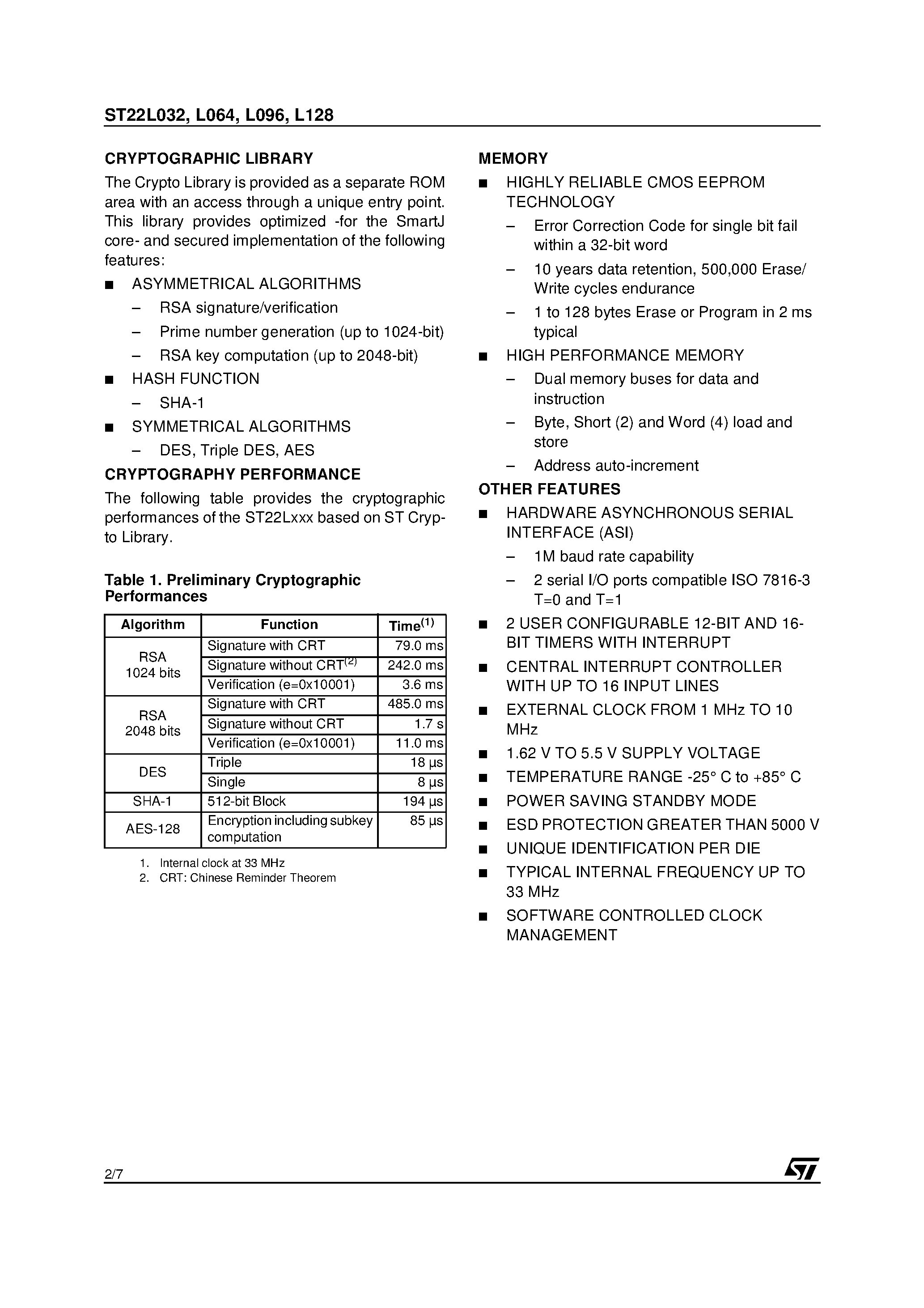 Datasheet ST22L032 - (ST22L032 - ST22L128) Smartcard 32-Bit RISC MCU page 2