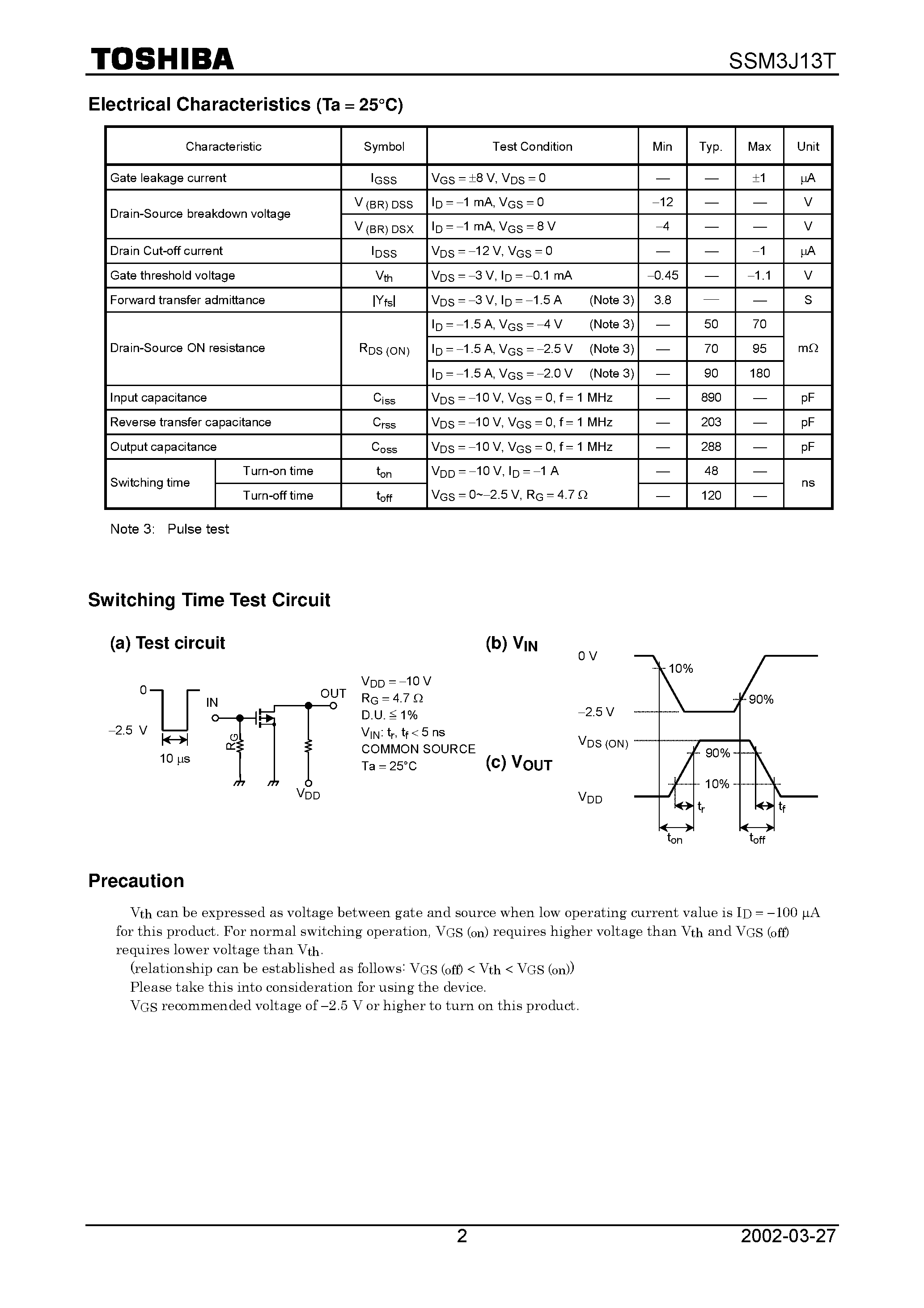 Даташит SSM3J13T - TOSHIBA Field Effect Transistor Silicon P Channel MOS Type (U-MOSII) страница 2