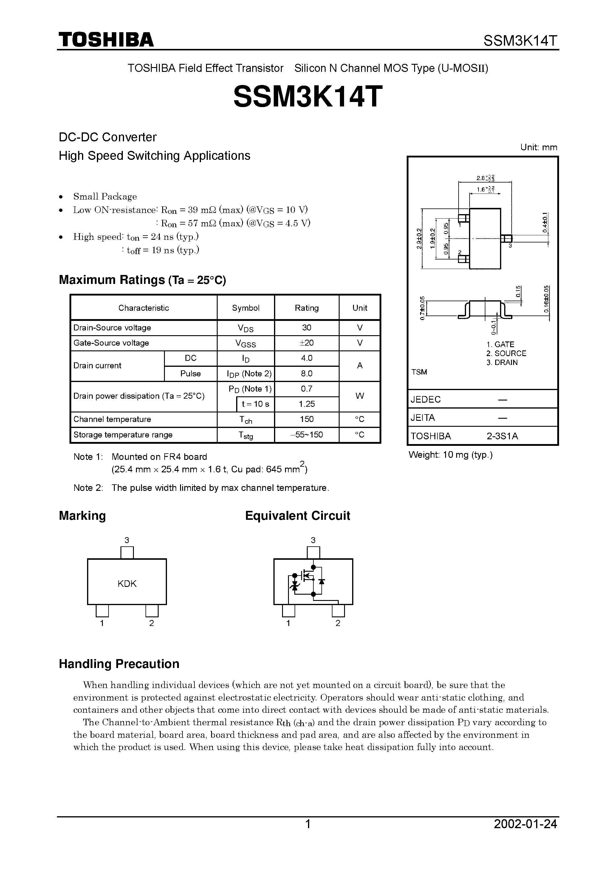 Даташит SSM3K14T - TOSHIBA Field Effect Transistor Silicon N Channel MOS Type (U-MOSII) страница 1