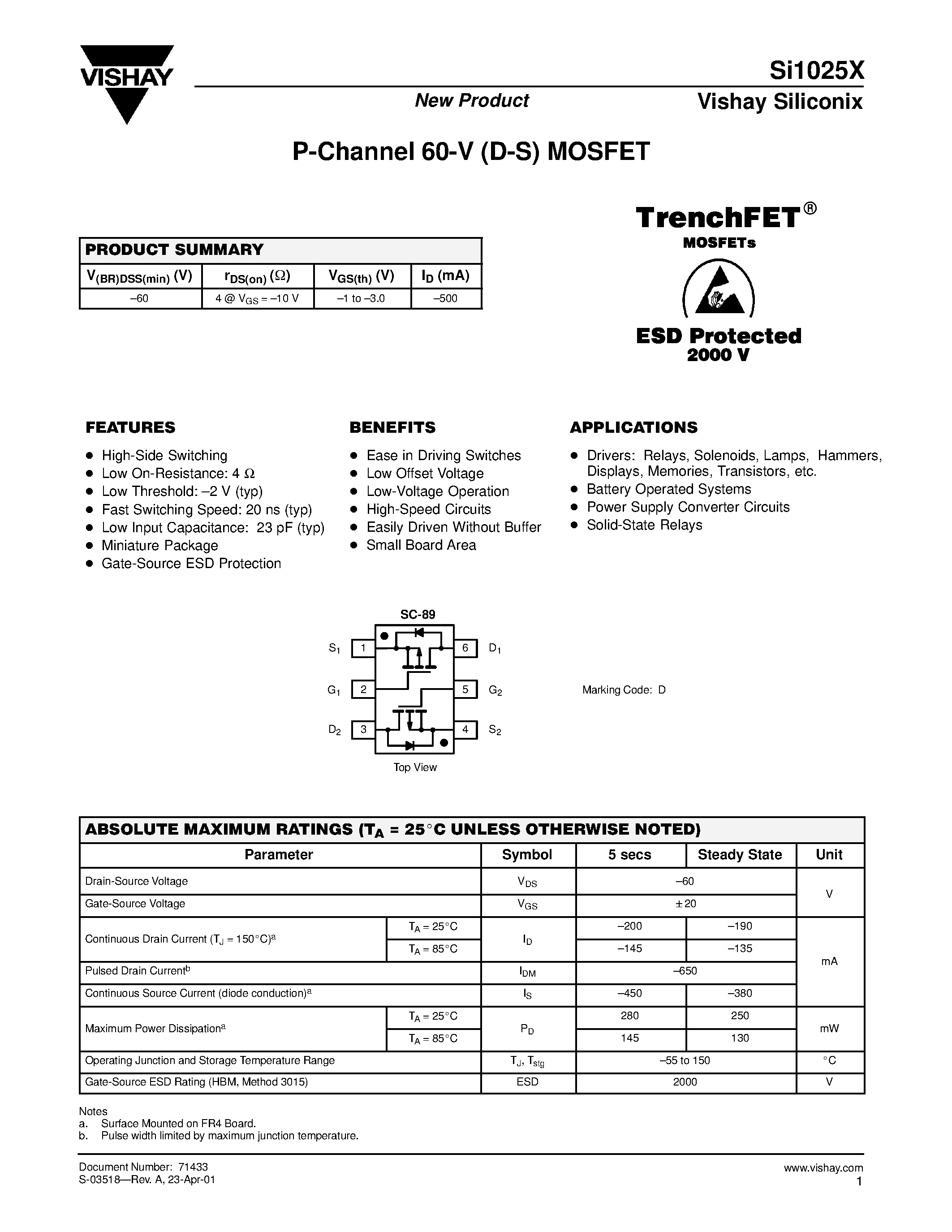 Datasheet SI1025X - P-Channel 60-V (D-S) MOSFET page 1