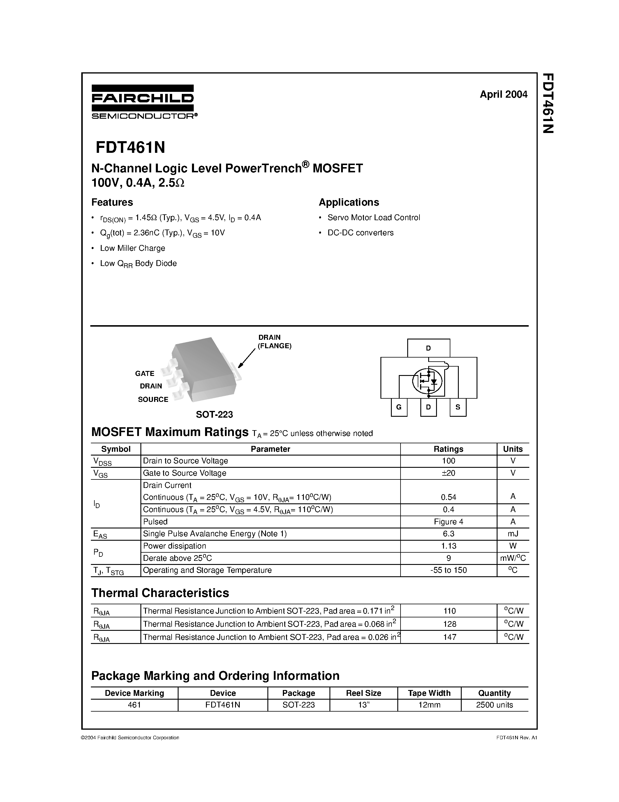 Даташит FDT461N - N-Channel Logic Level PowerTrench MOSFET страница 1
