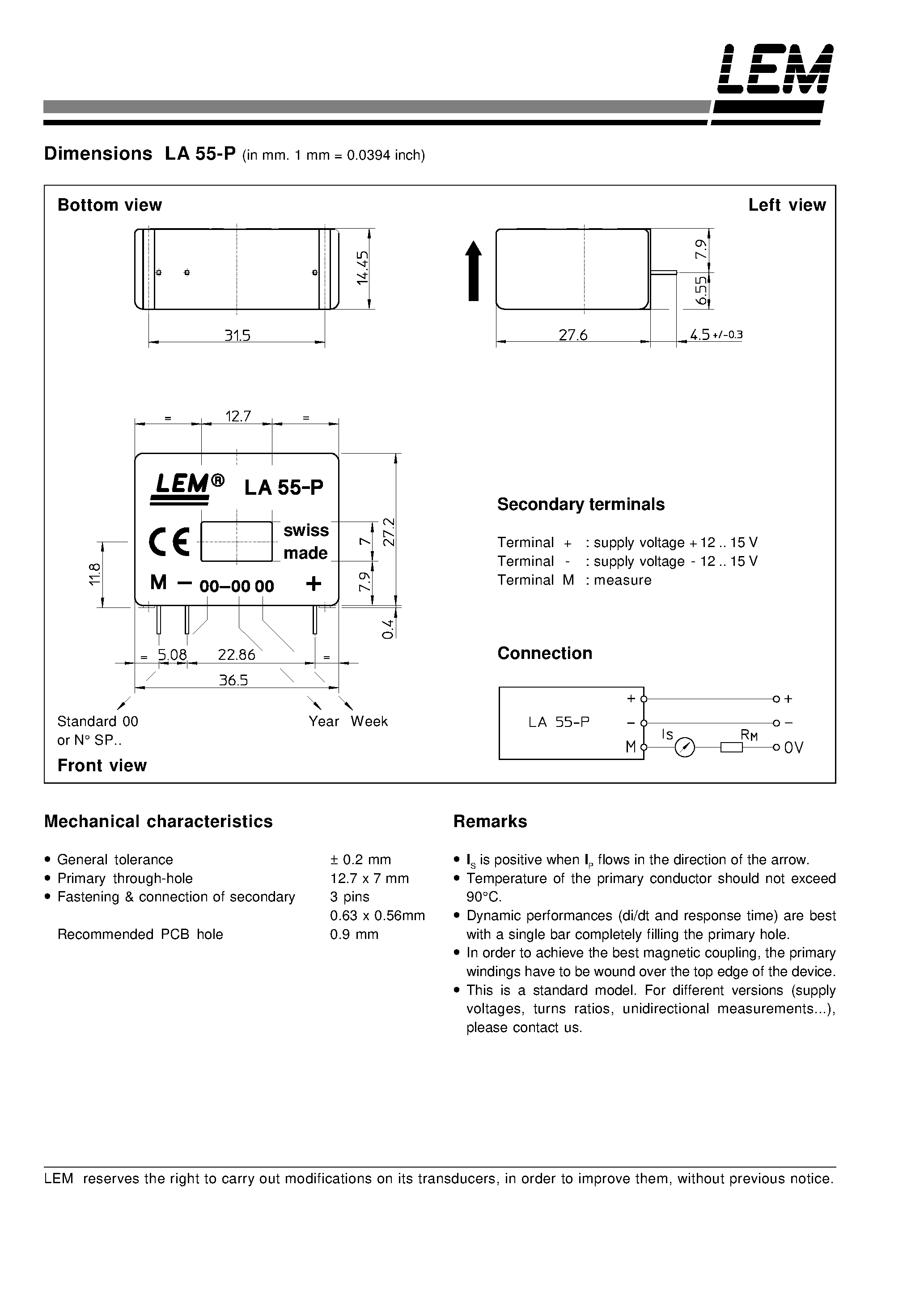 Datasheet LA55P - Current Transducer 50a page 2