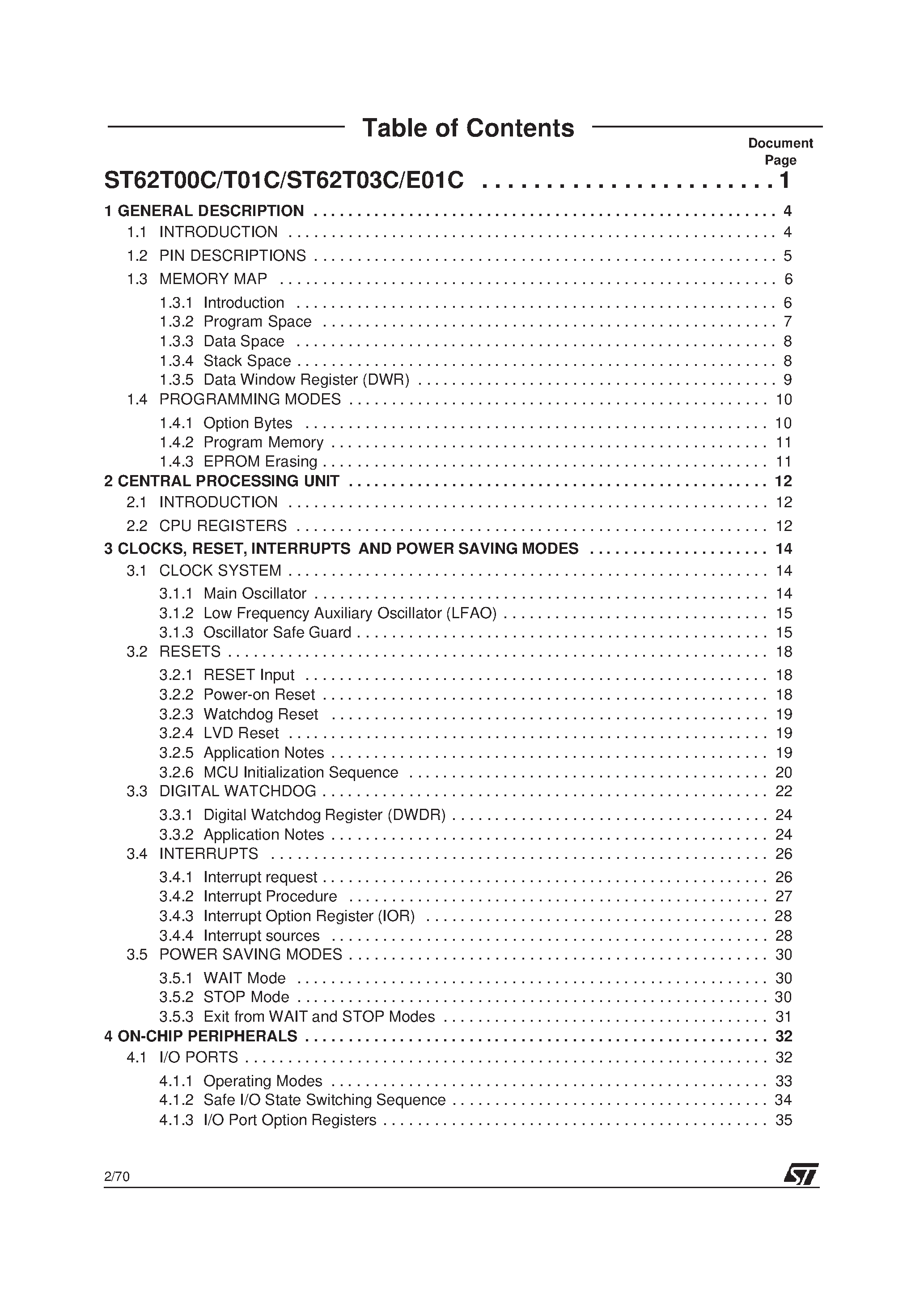 Datasheet ST62T00C - (ST62T00C / ST62T01C / ST62T03C / ST62E01C) 8-BIT OTP/EPROM MCUs page 2
