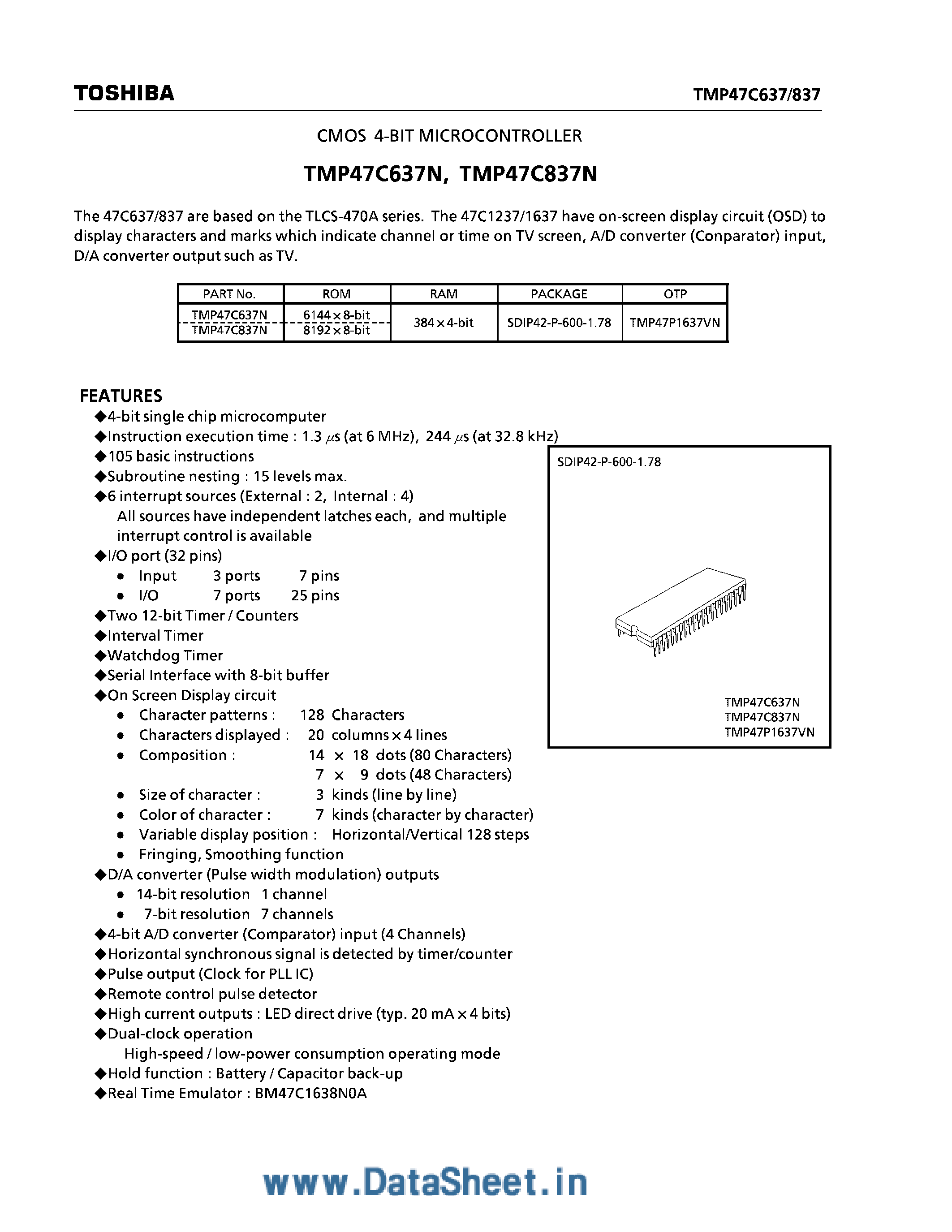 Datasheet TMP47C637N - (TMP47C637N / TMP47C837N) CMOS 4-Bit Microcontroller page 1