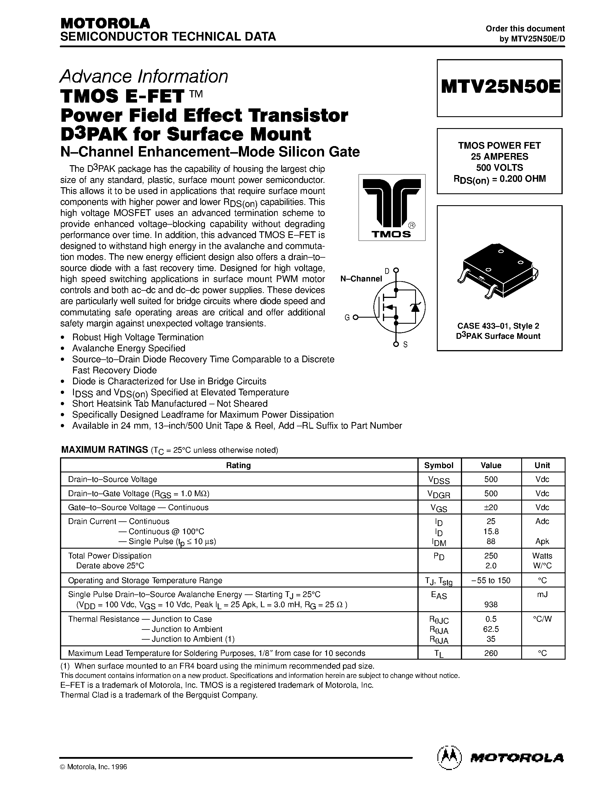 Datasheet MTV25N50E - TMOS POWER FET 25 AMPERES 500 VOLTS RDS(on) = 0.200 OHM page 1