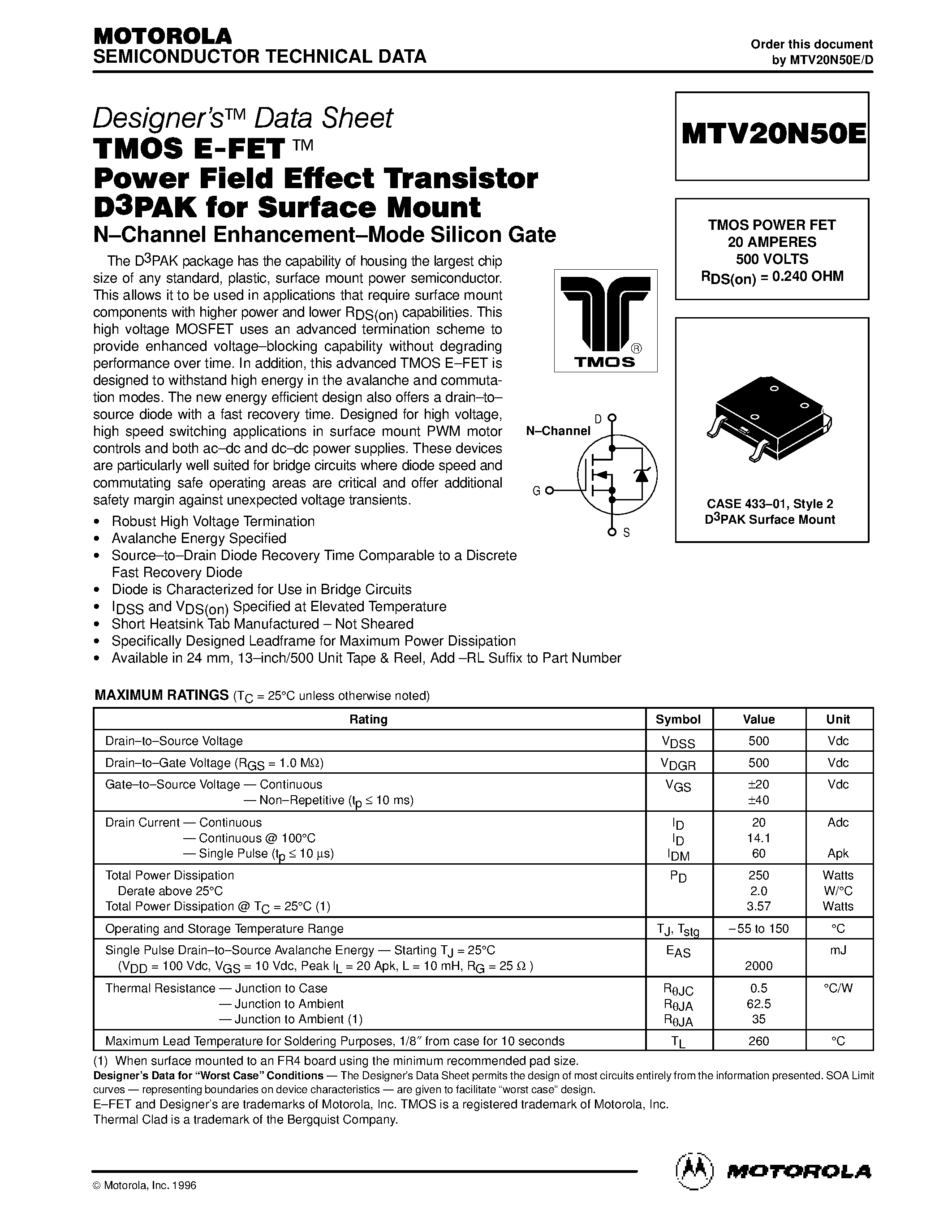 Datasheet MTV20N50E - TMOS POWER FET 20 AMPERES 500 VOLTS RDS(on) = 0.240 OHM page 1