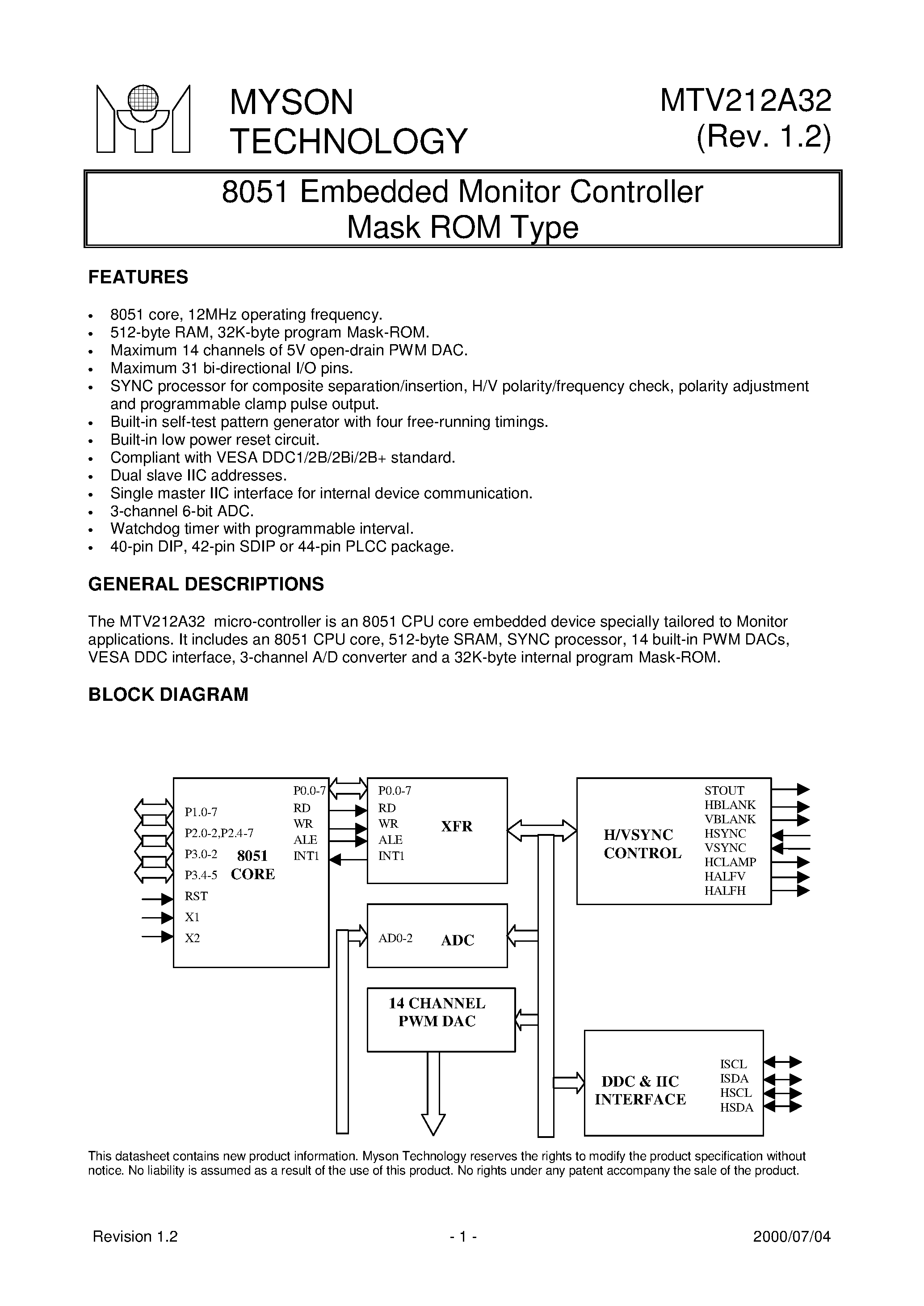 Datasheet MTV212A32 - 8051 Embedded Monitor Controller Mask ROM Type page 1