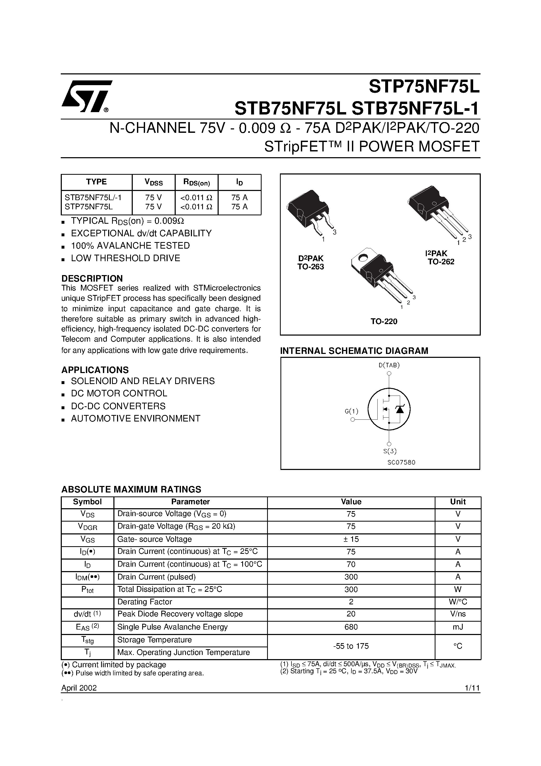 Даташит STB75NF75L - N-CHANNEL MOSFET страница 1