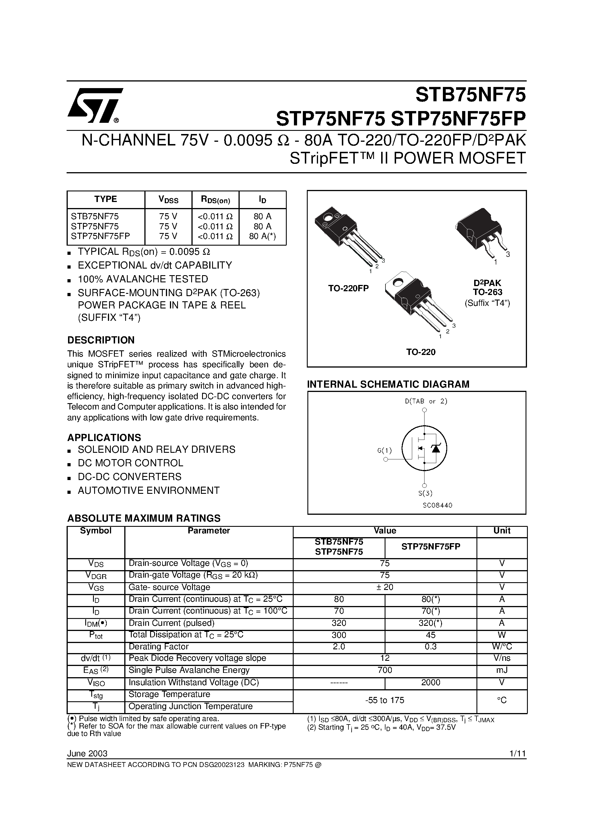 Datasheet STB75NF75 - N-CHANNEL MOSFET page 1