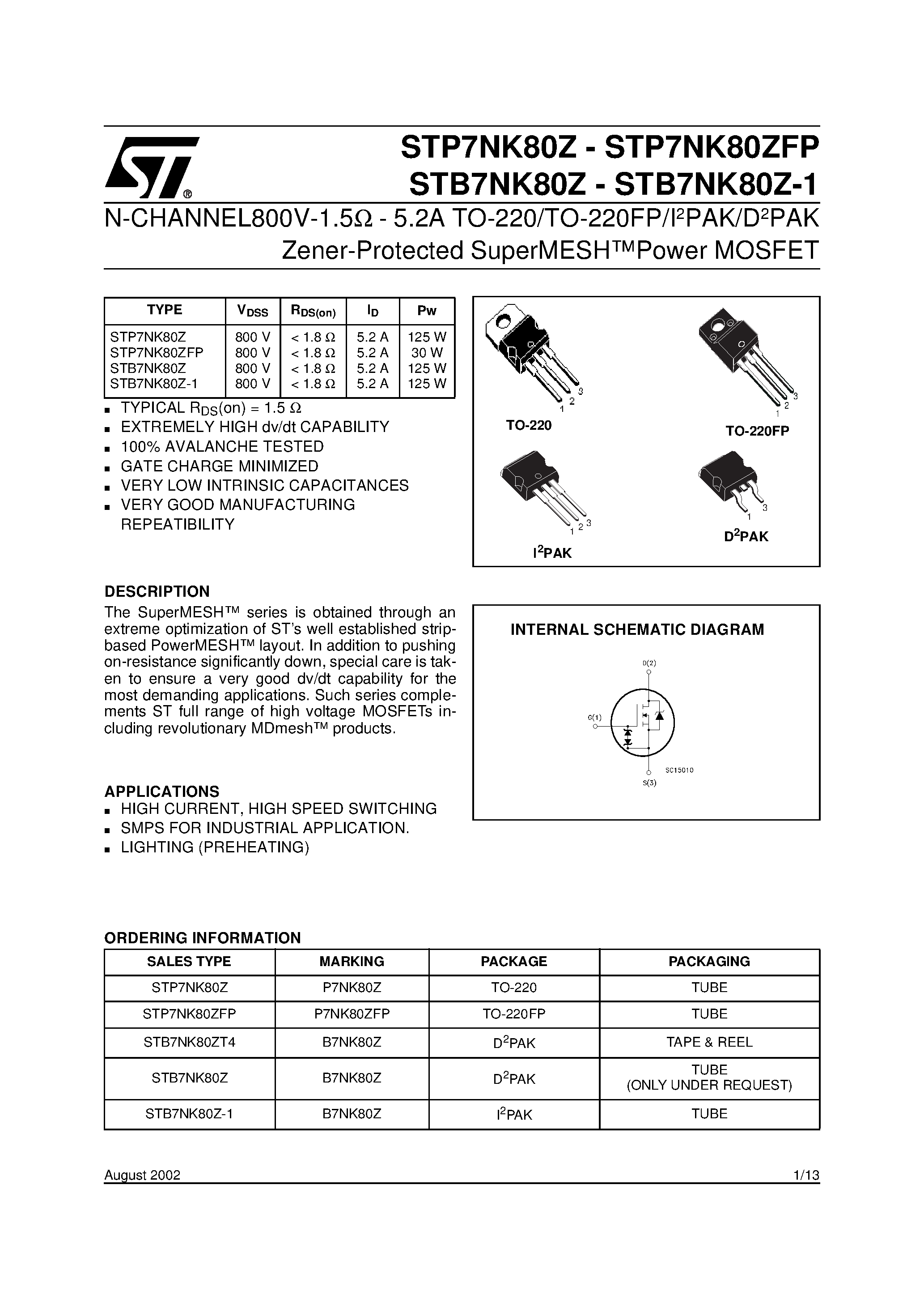 Datasheet STB7NK80Z - N-CHANNEL MOSFET page 1