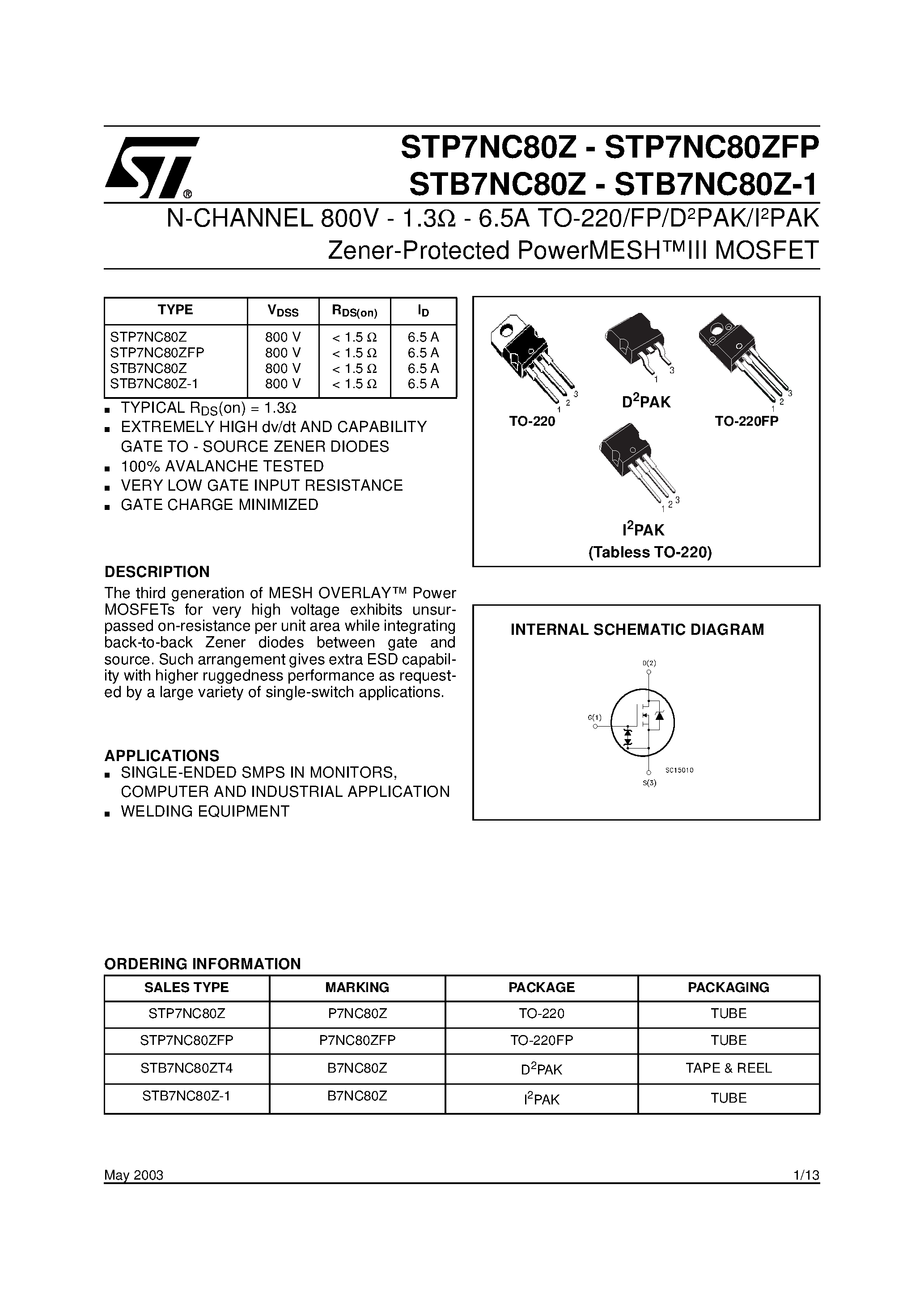Даташит STB7NC80Z - N-CHANNEL MOSFET страница 1