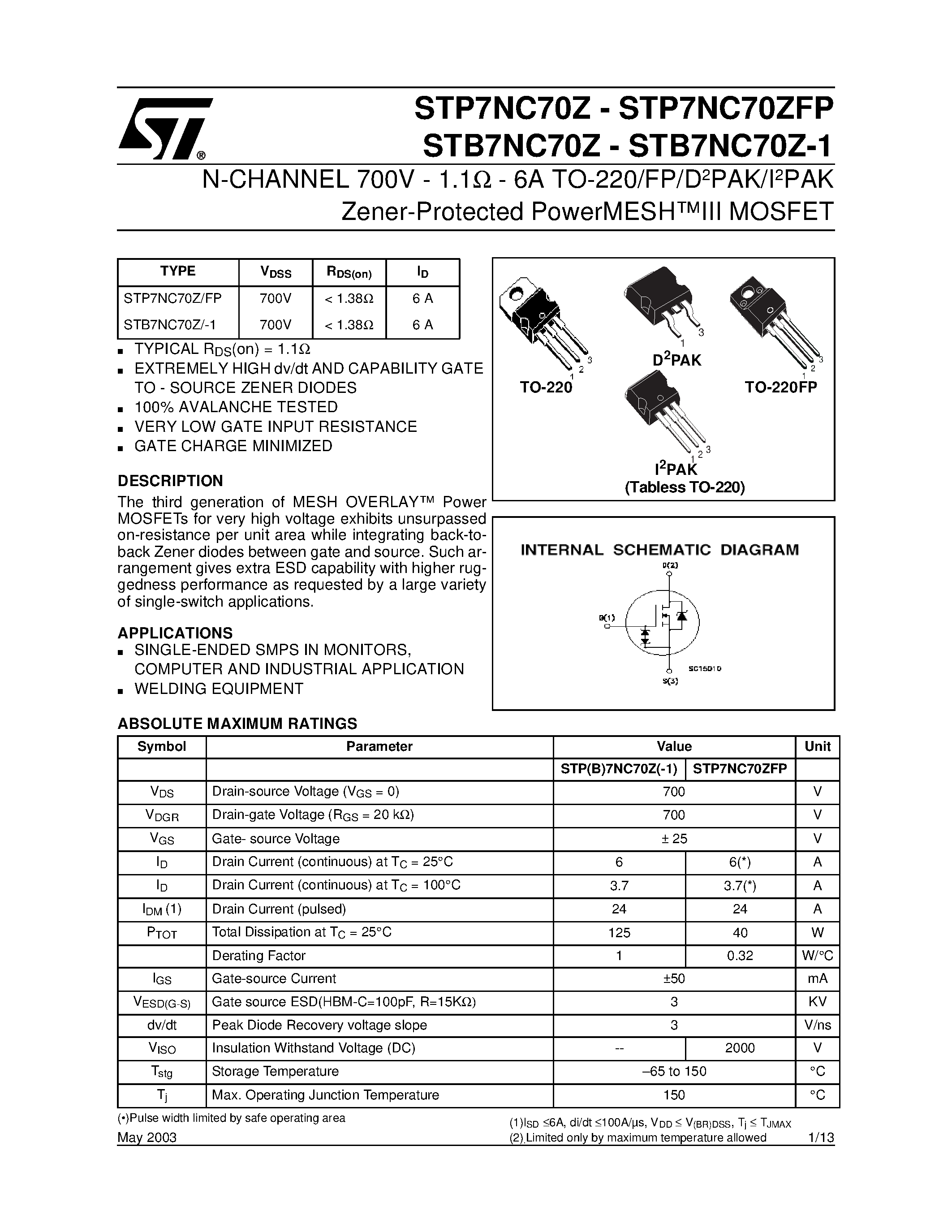Datasheet STB7NC70Z - N-CHANNEL MOSFET page 1