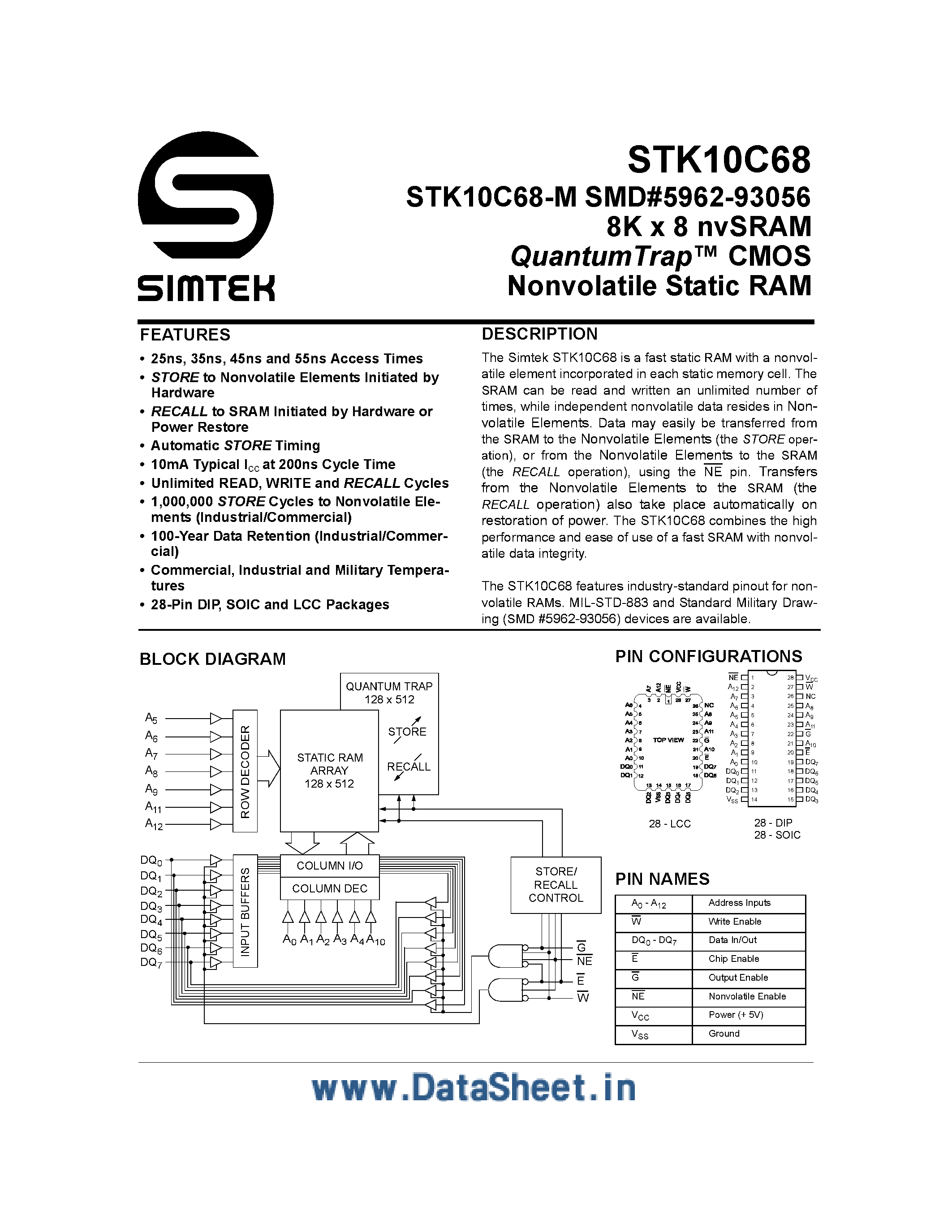 Даташит STK10C68 - 8K x 8 nvSRAM страница 1