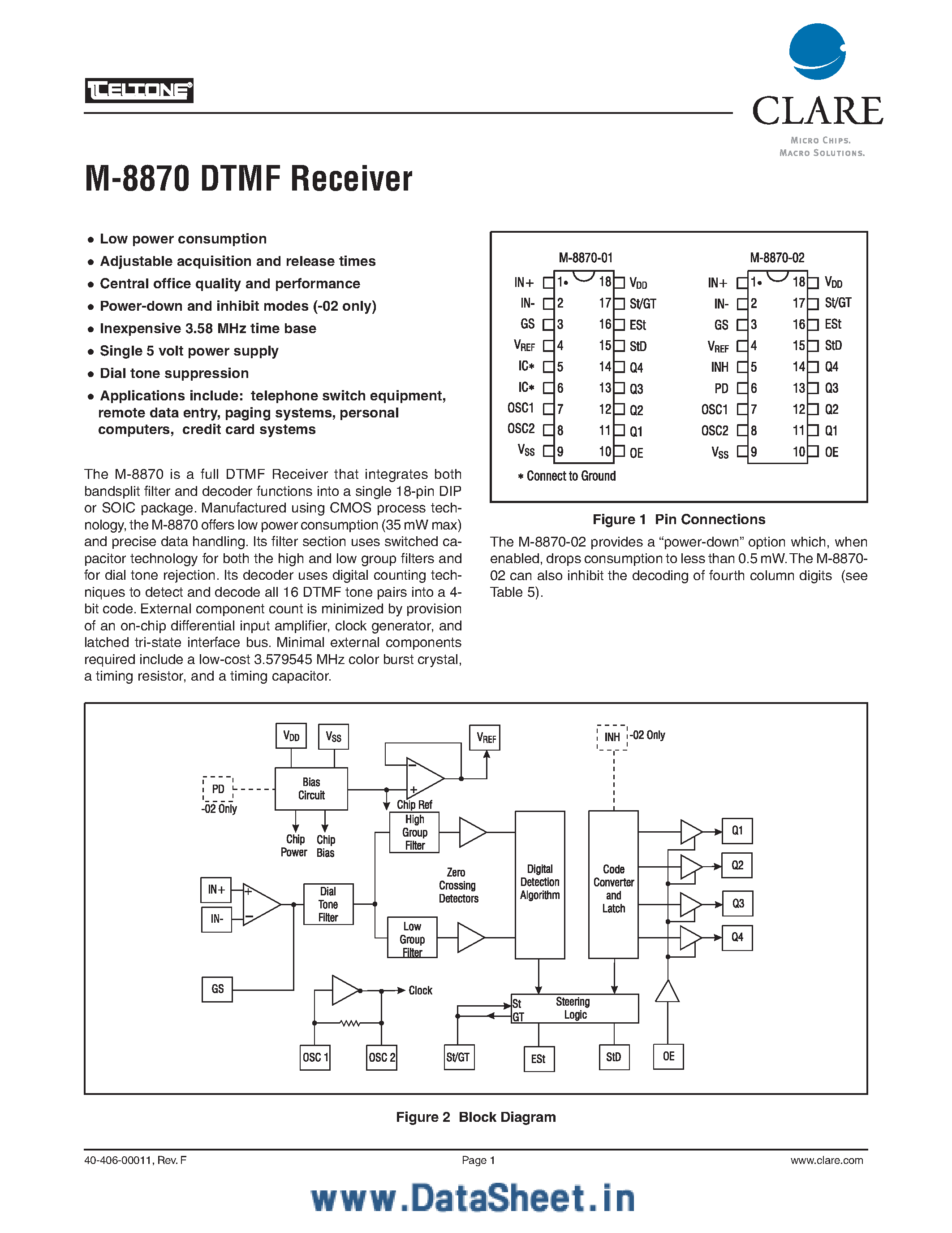 Даташит M-8870 - DTMF Receiver страница 1