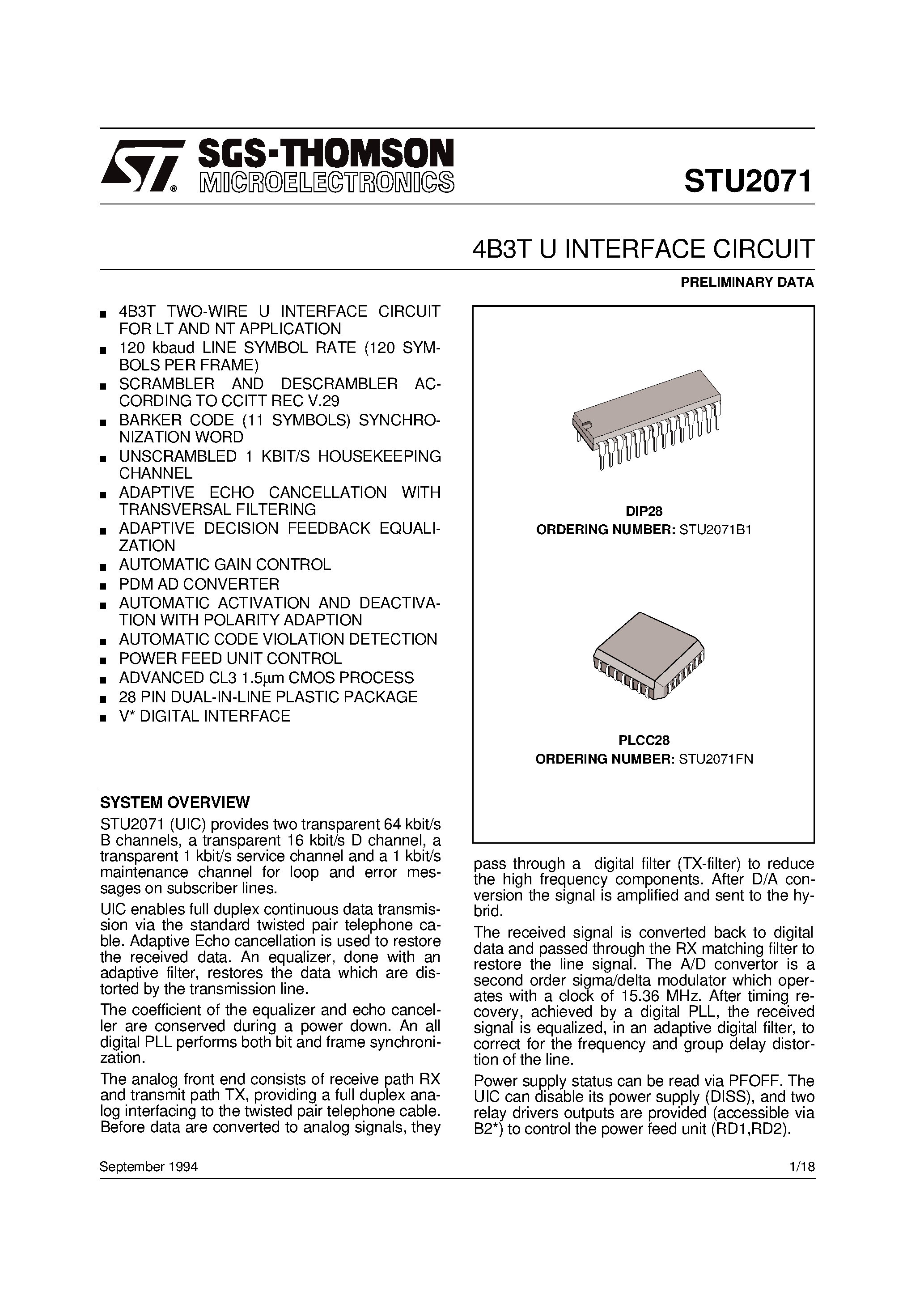 Datasheet STU2071 - 4B3T U INTERFACE CIRCUIT page 1