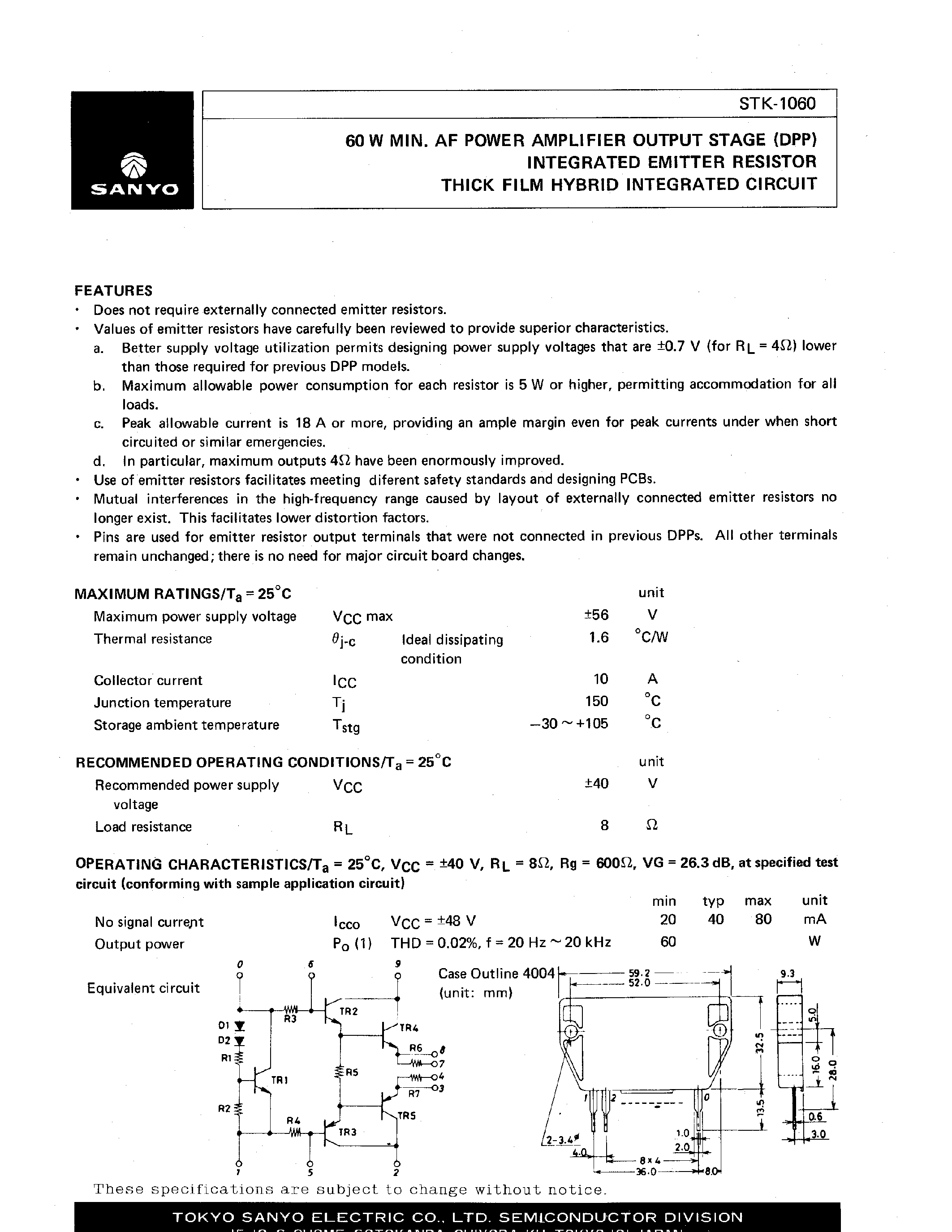 Datasheet STK1060 - INTEGRATED EMITTER RESISTOR THICK FILM FILM HYBRID INTEGRATED CIRCUIT page 1