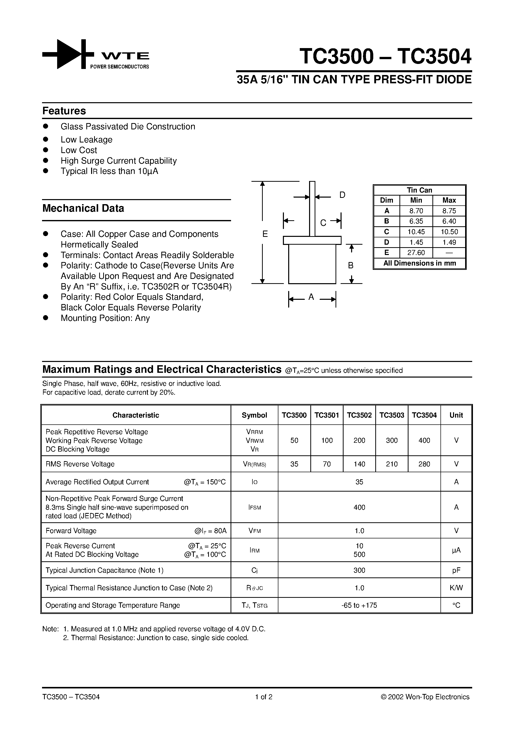 Datasheet TC3503 - (TC3500 - TC3504) 35A 5/16 TIN CAN TYPE PRESS-FIT DIODE page 1