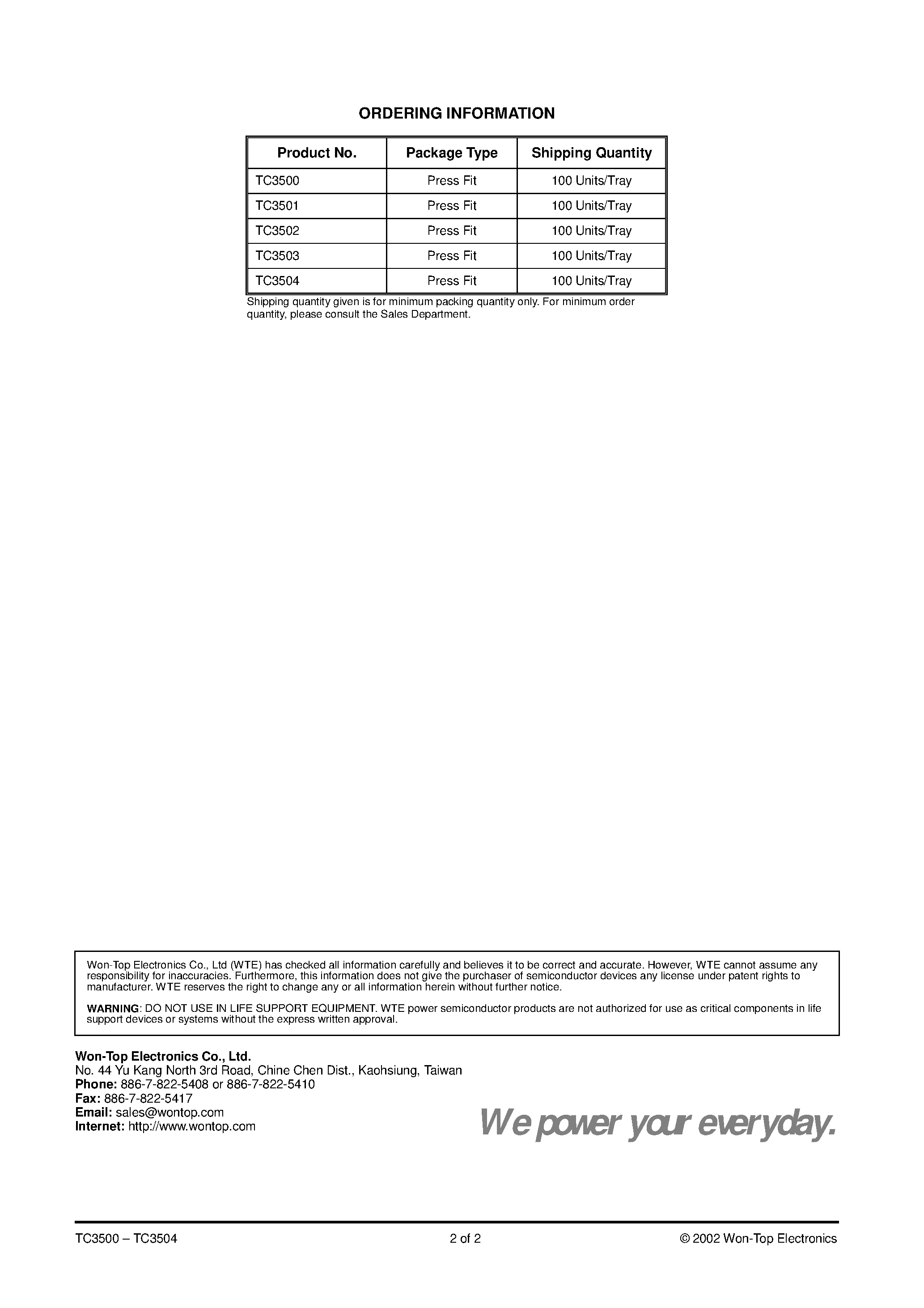 Datasheet TC3503 - (TC3500 - TC3504) 35A 5/16 TIN CAN TYPE PRESS-FIT DIODE page 2