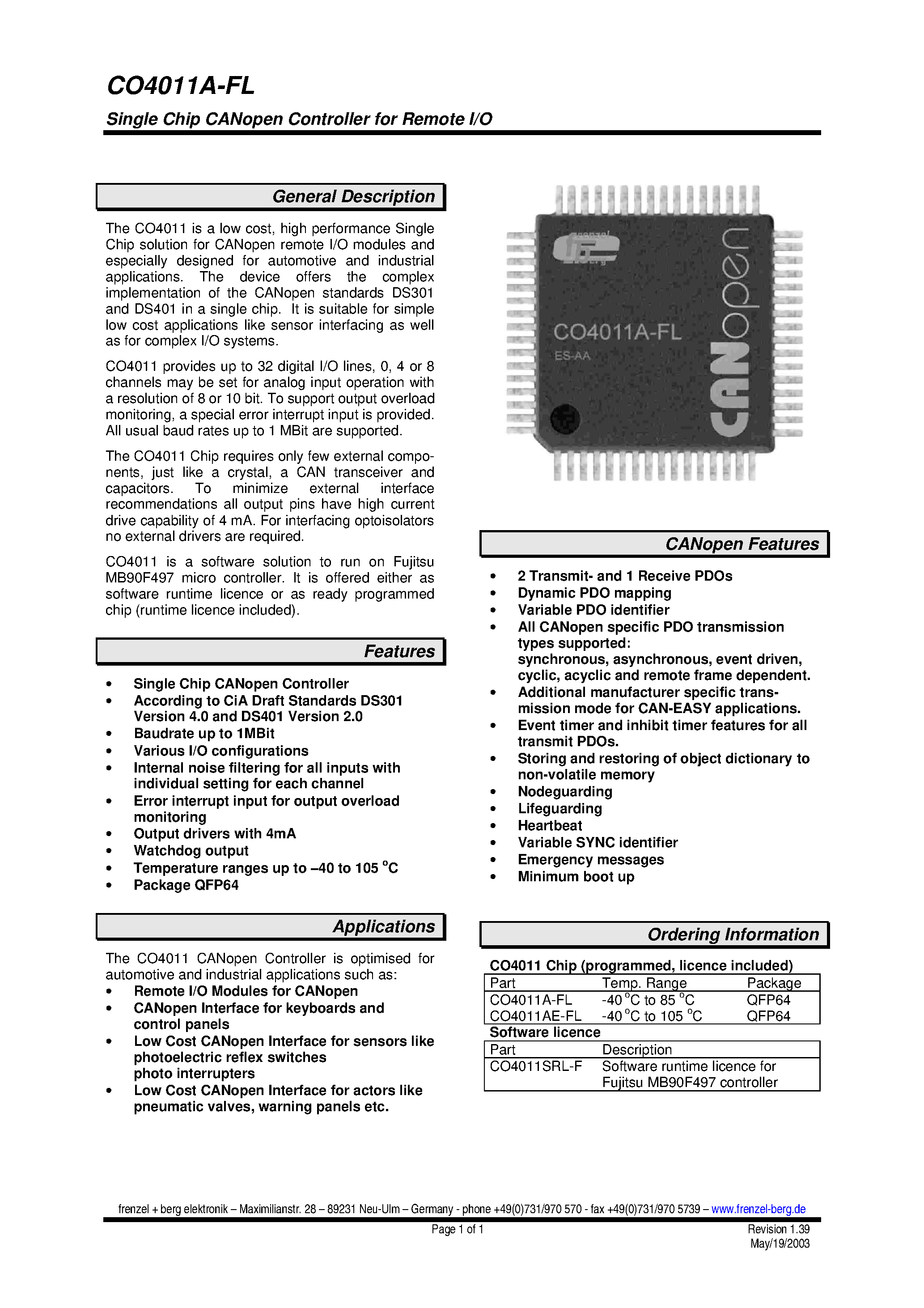 Datasheet CO4011A-FL - Single Chip CANopen Controller for Remote I/O page 1