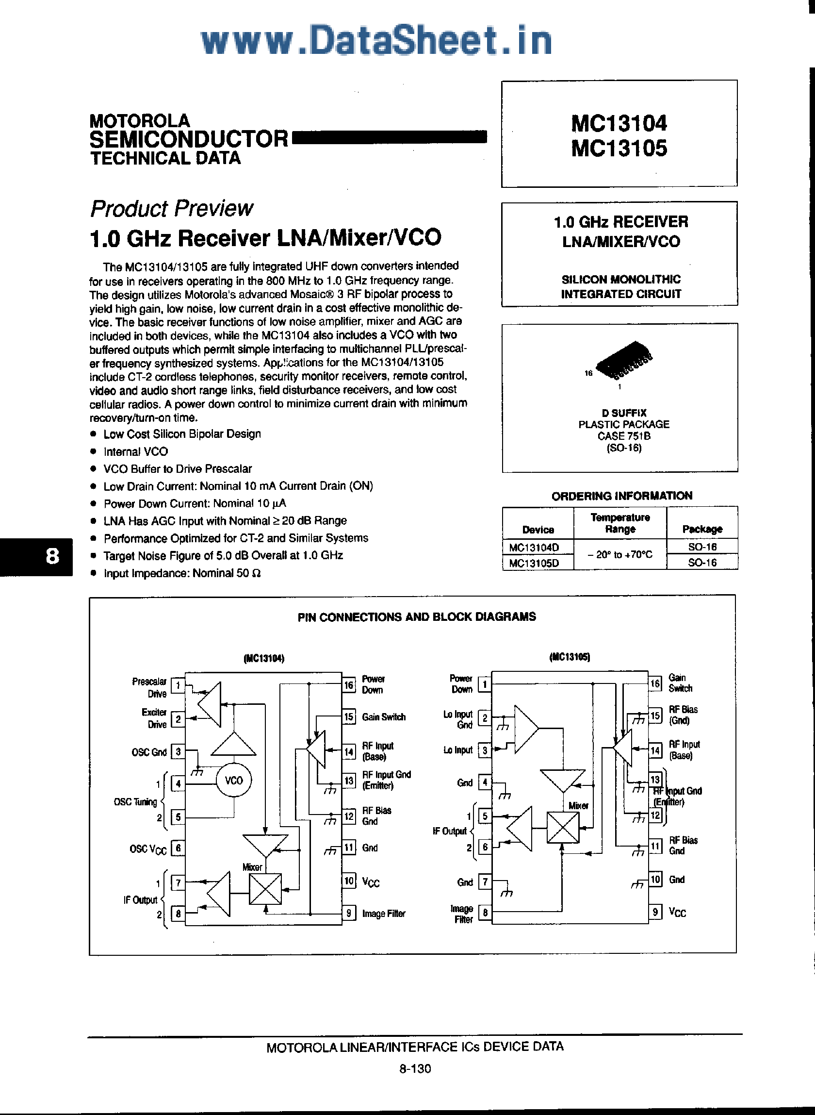 Даташит MC13104 - (MC13104 / MC13105) 1 Ghz Receiver LNA/Mixer/VCO страница 1