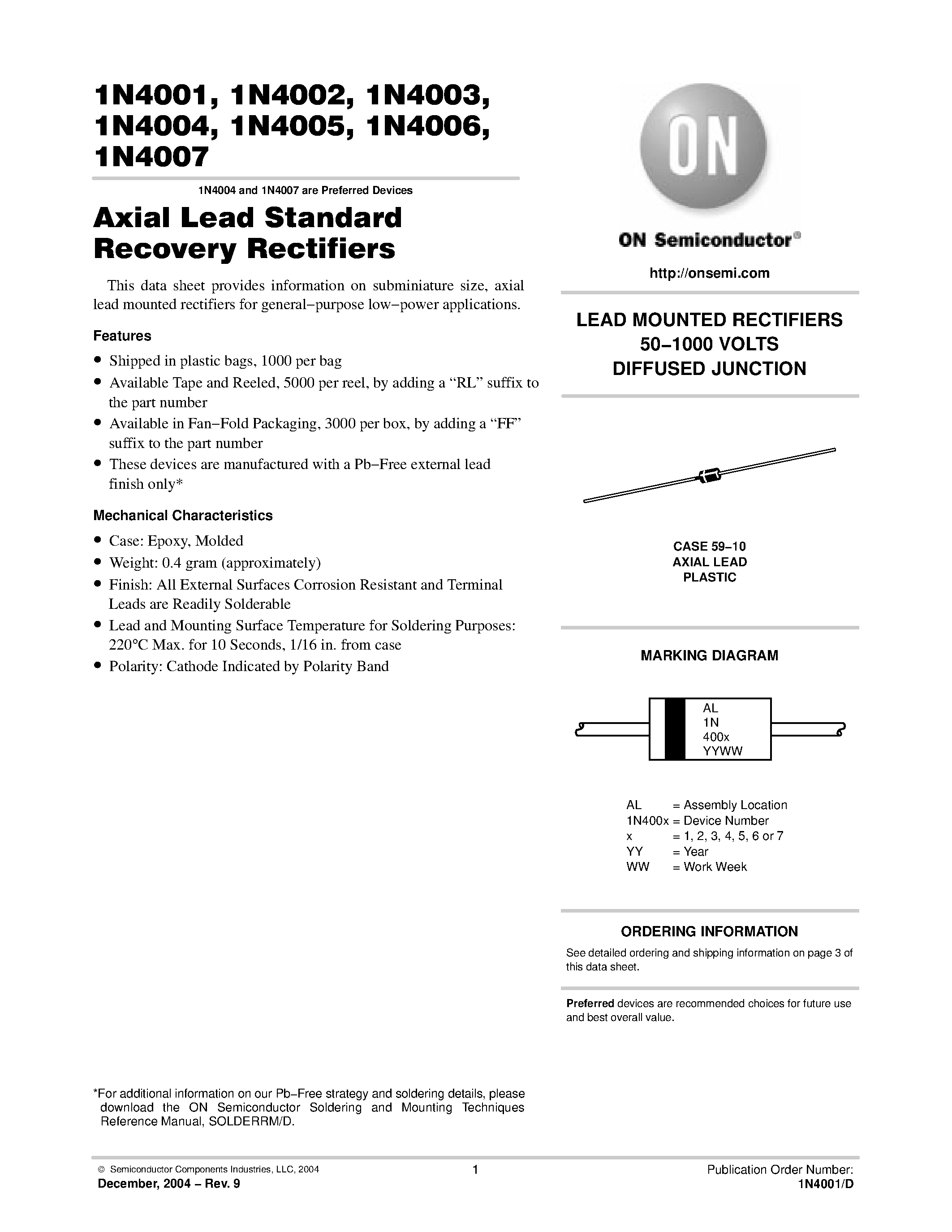 Datasheet 1N4001 - (1N4001 - 1N4007) Axial Lead Standard Recovery Rectifiers page 1