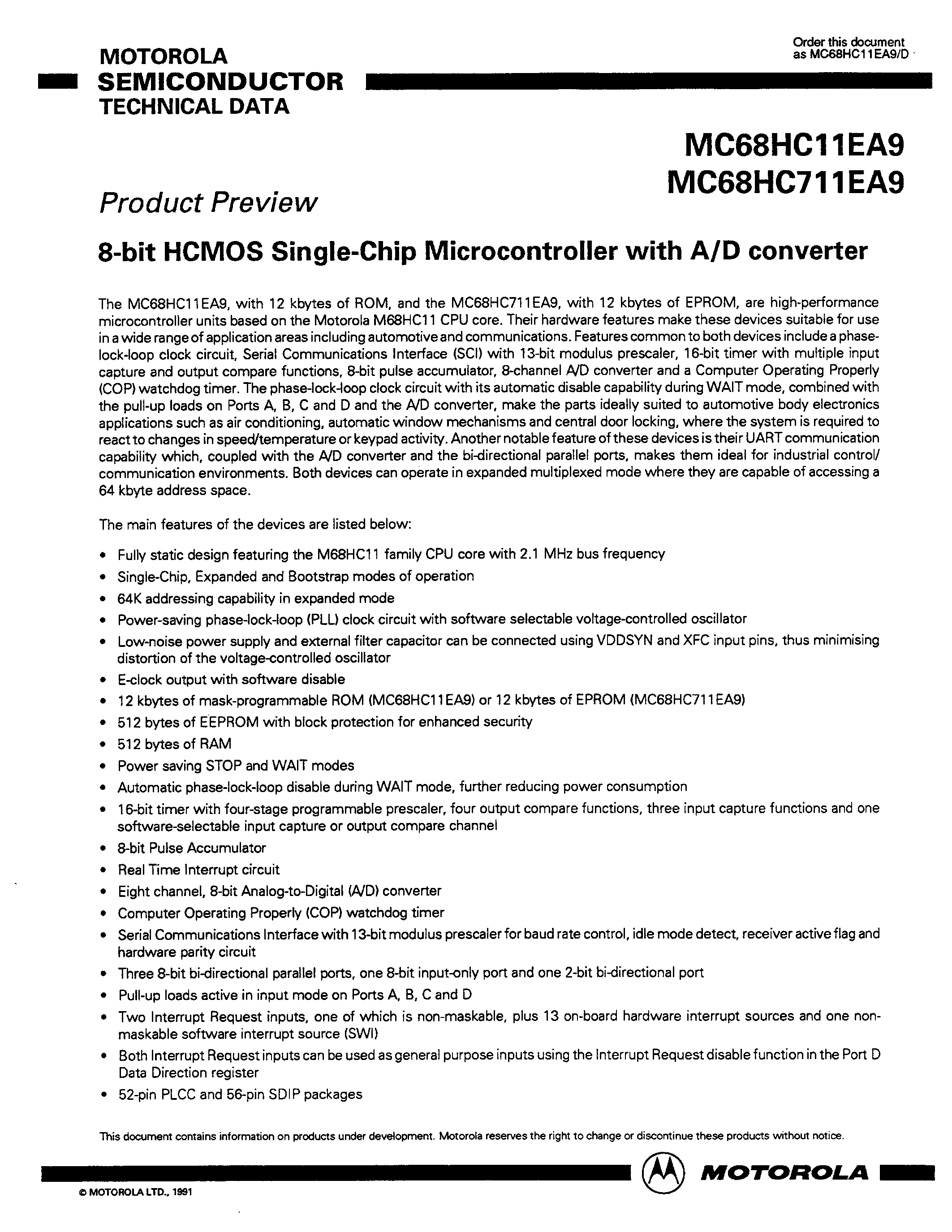 Datasheet MC68HC11EA9 - 8 BIT HCMOS SINGLE CHIP MICROCONTOROLLER WITH A/D CONVERTER page 1