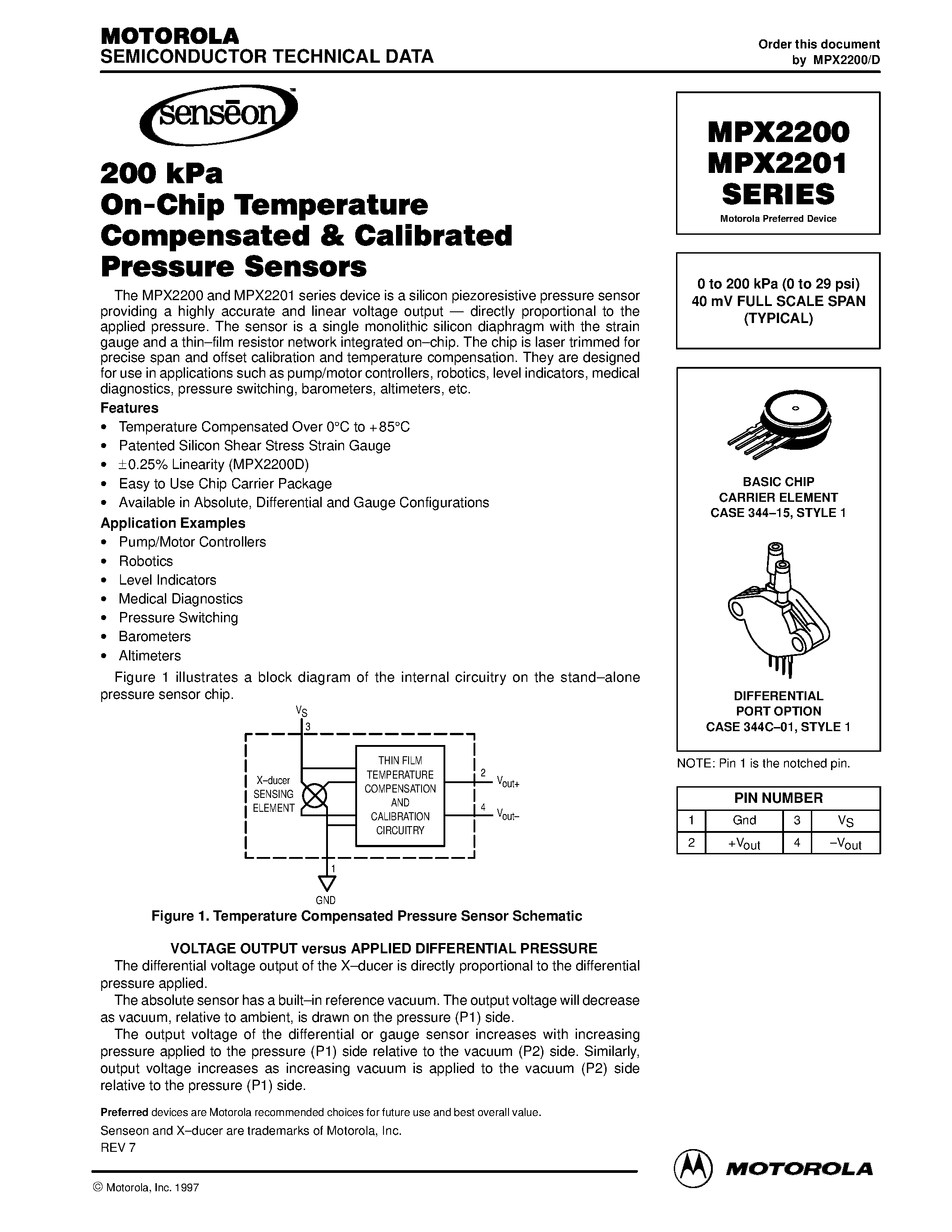 Datasheet MPX2200 - (MPX2200 / MPX2201) 0 to 200 kPa (0 to 29 psi) 40 mV FULL SCALE SPAN (TYPICAL) page 1