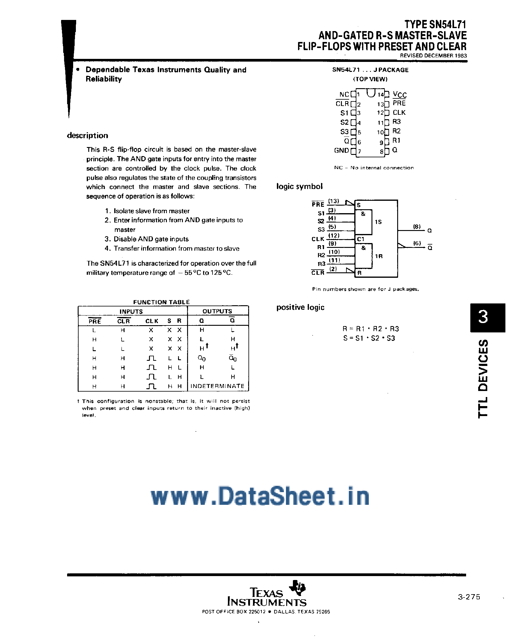 Datasheet SN74L71 - AND-Gate R-S Master-Slave F-F page 1