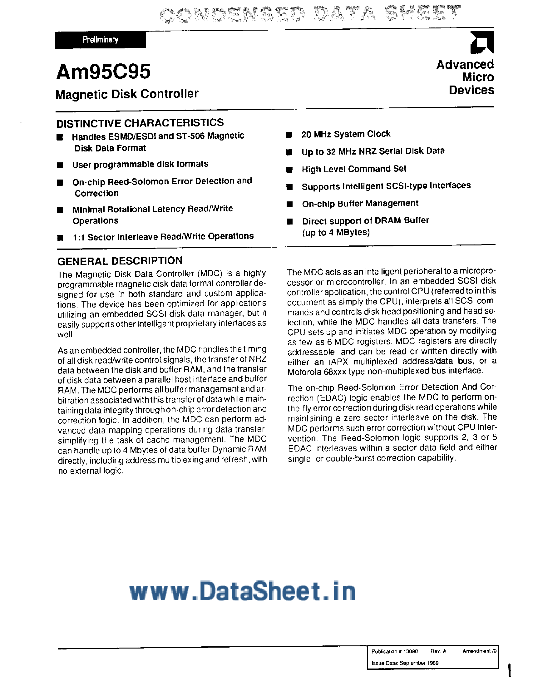 Datasheet AM95C95 - Magnetic Disk Controller page 1