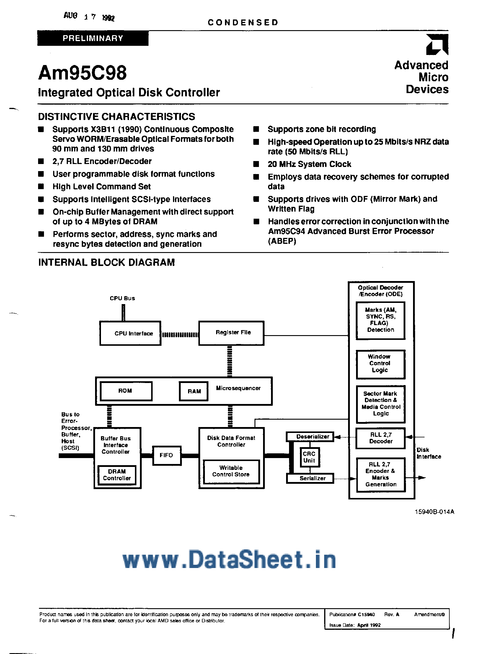 Datasheet AM95C98 - Integrated Optical Disk Controller page 1