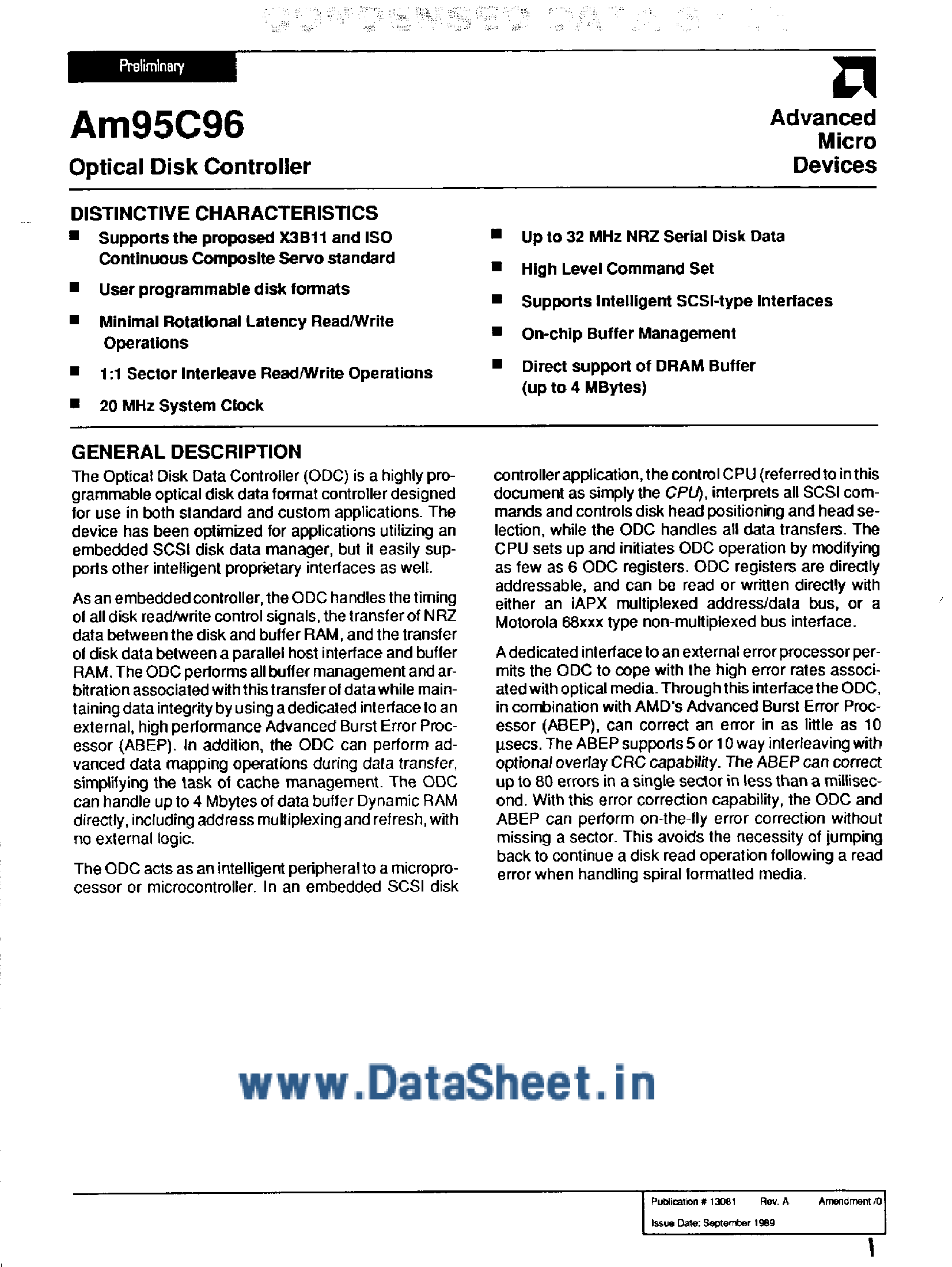 Datasheet AM95C96 - Optical Disk Controller page 1