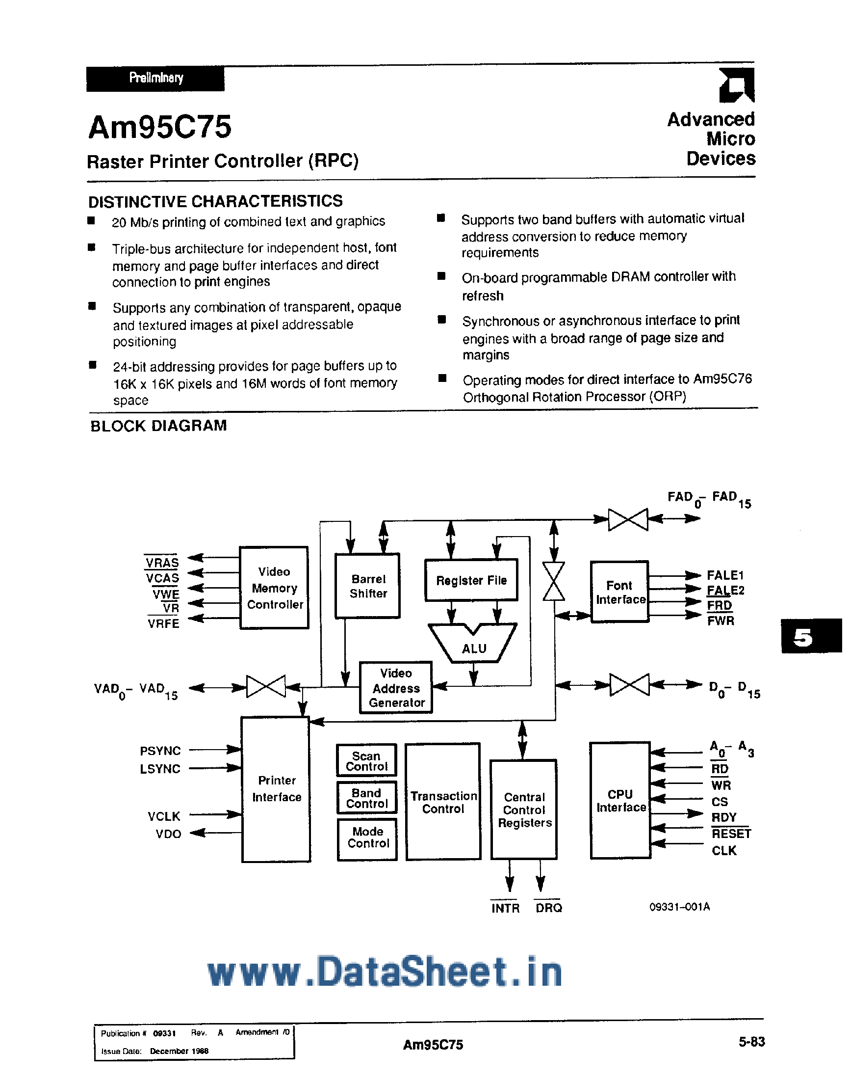 Datasheet AM95C75 - Raster Printer Controller page 1