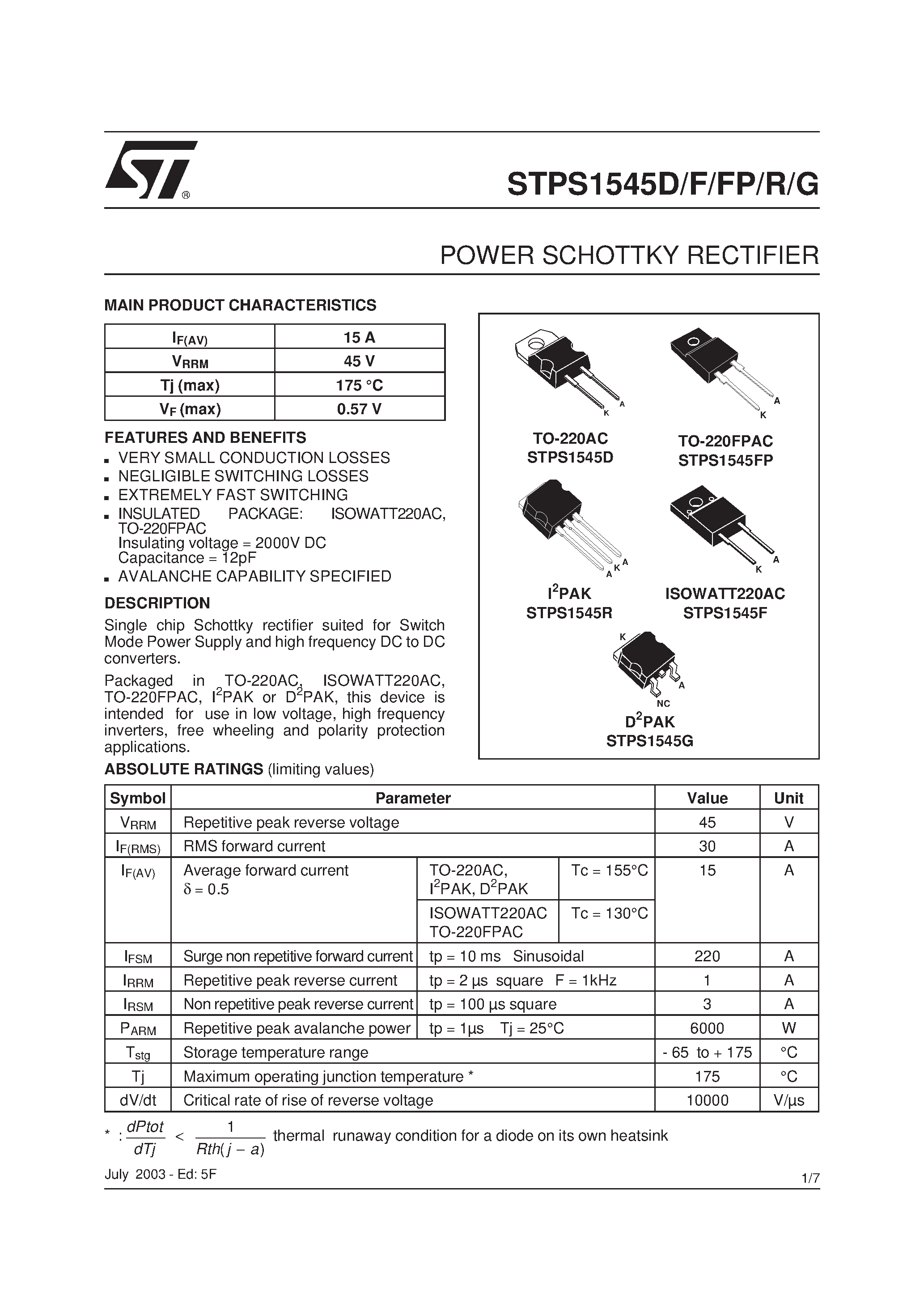 Даташит STPS1545D - (STPS1545D/FP/F/R/G) POWER SCHOTTKY RECTIFIER страница 1