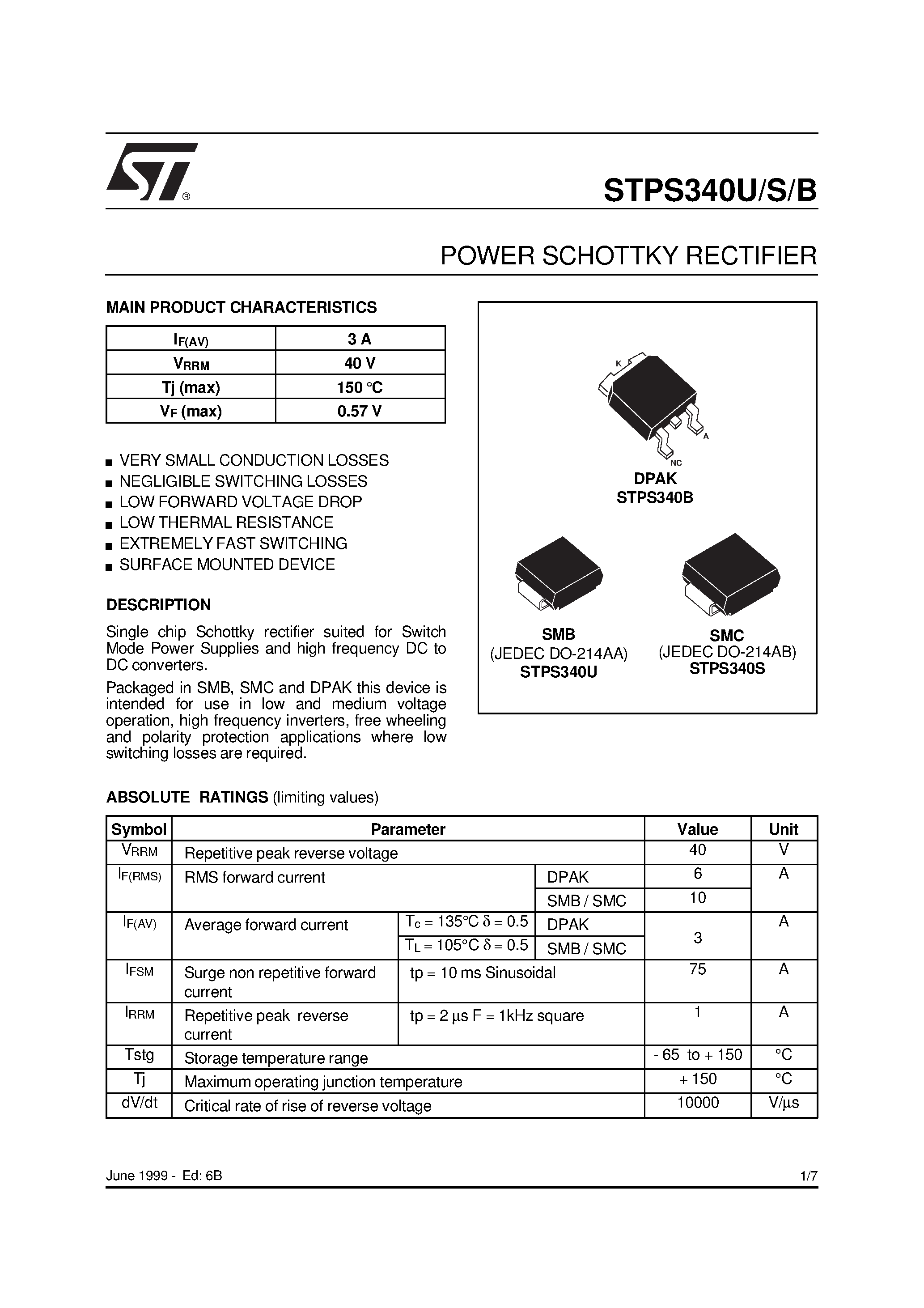 Datasheet STPS340B - (STPS340U/S/B) POWER SCHOTTKY RECTIFIER page 1