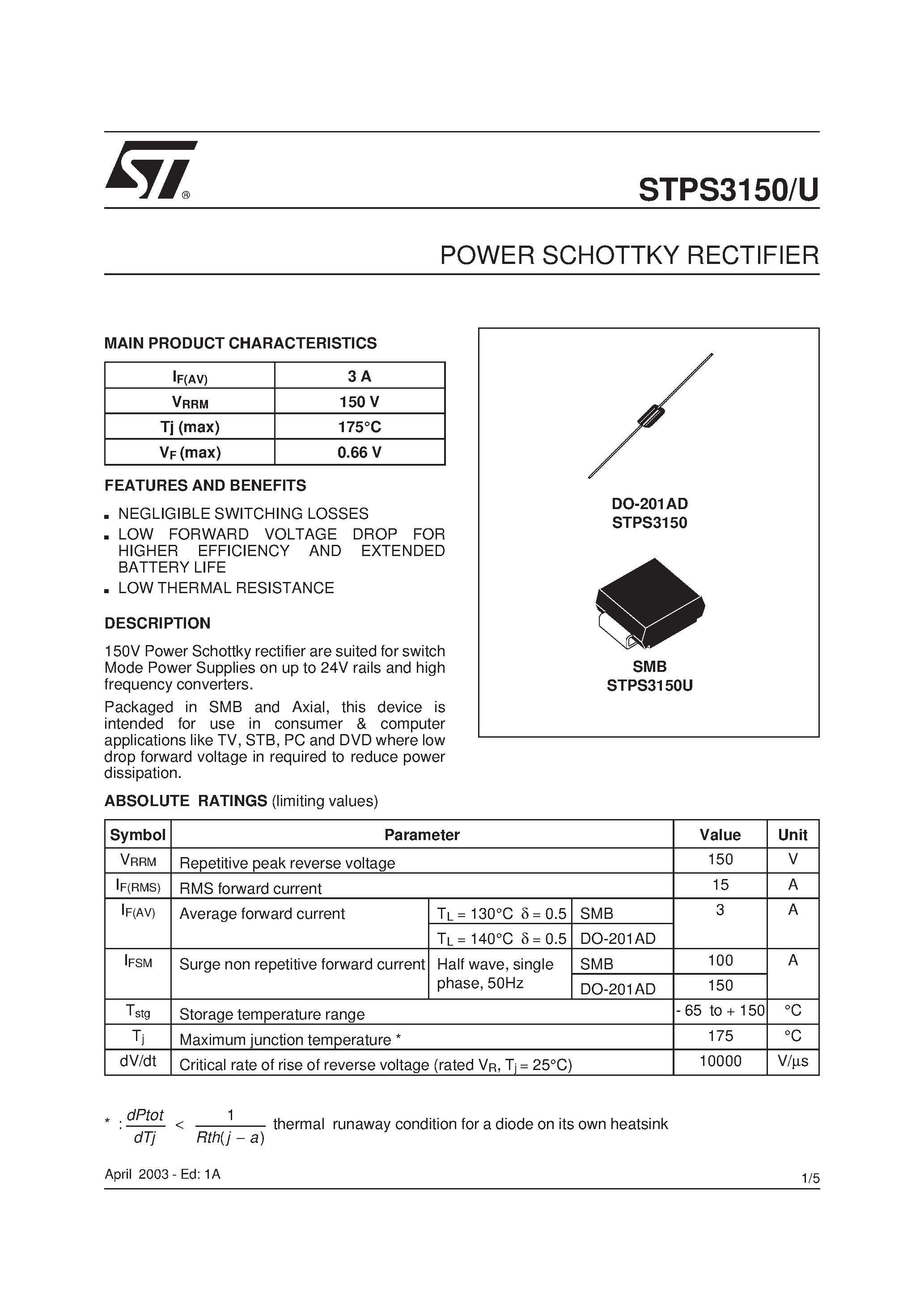 Даташит STPS3150 - (STPS3150/U) POWER SCHOTTKY RECTIFIER страница 1