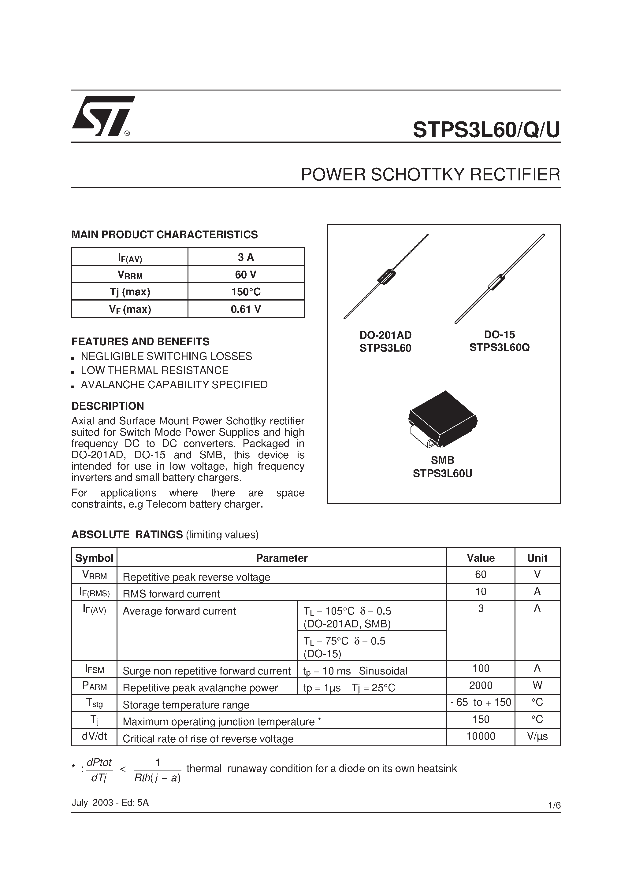 Даташит STPS3L60 - (STPS3L60/Q/U) POWER SCHOTTKY RECTIFIER страница 1