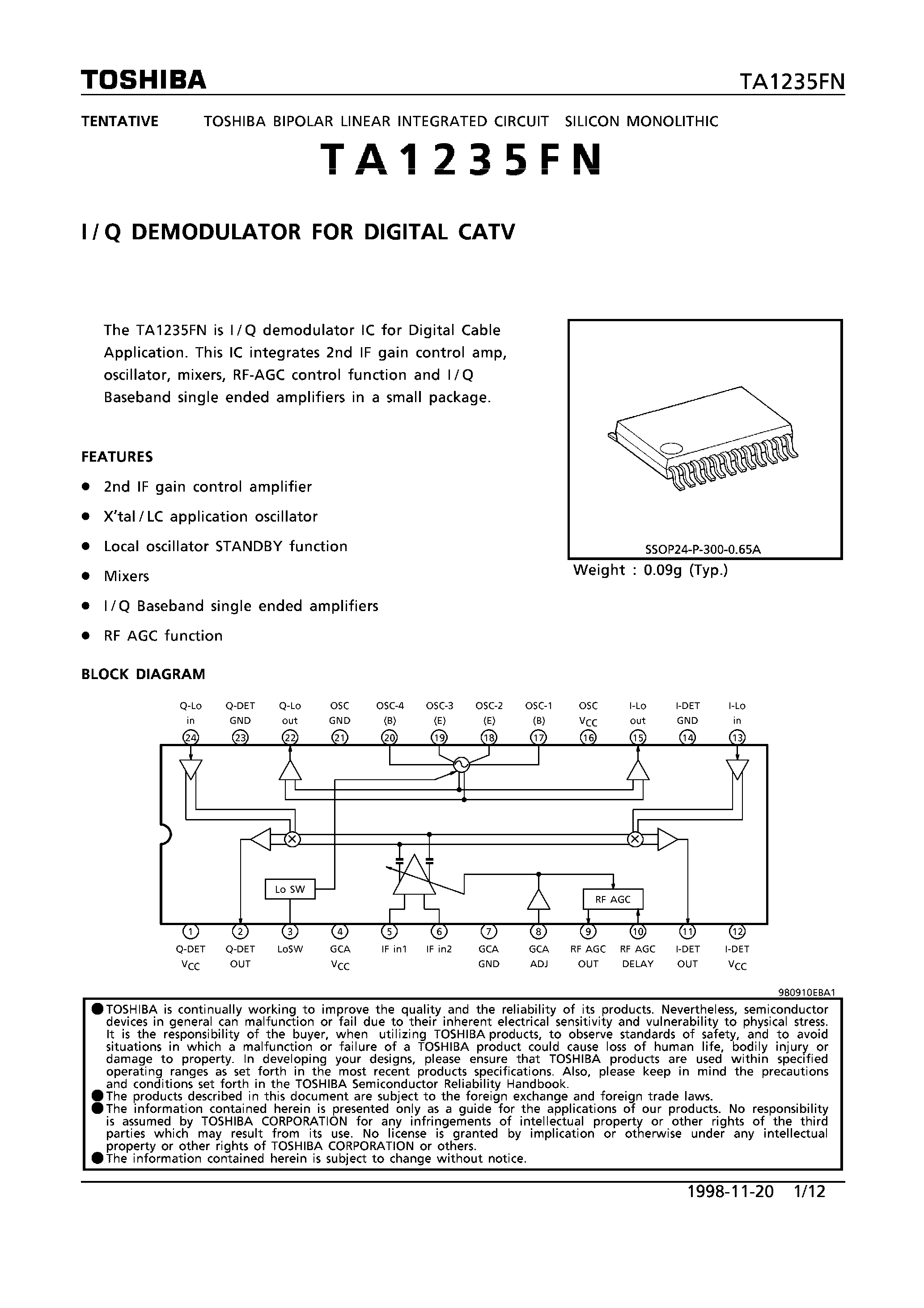 Datasheet TA1235FN - I/Q DEMODULATOR FOR DIGITAL CATV page 1