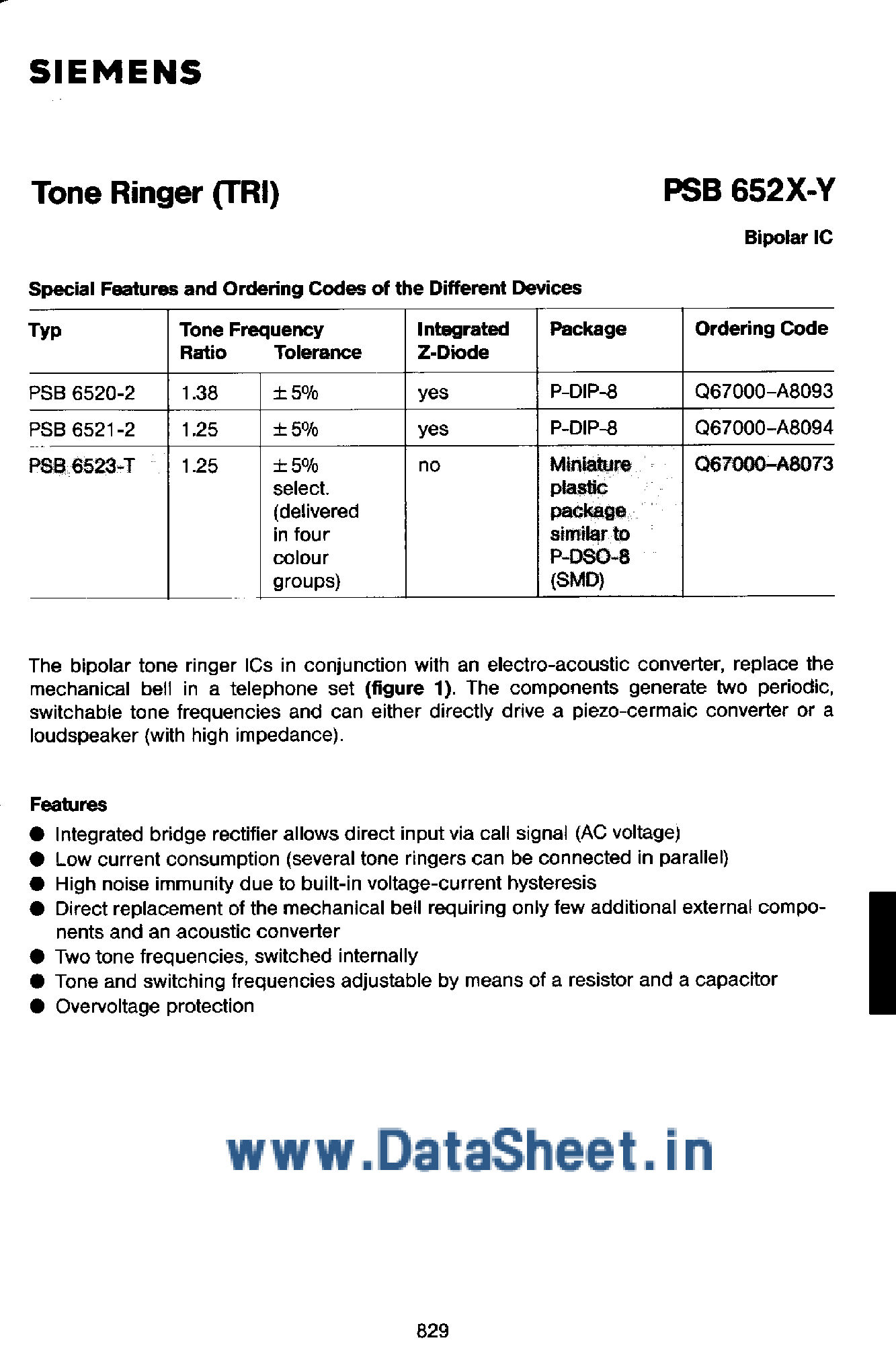 Datasheet PSB6520 - (PSB652x-y) Tone Ringer page 1