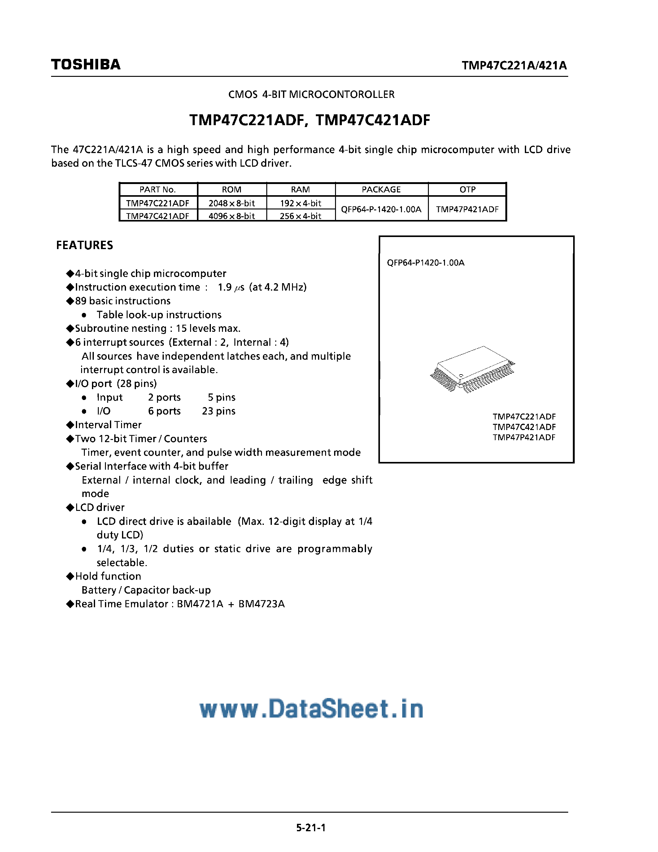 Datasheet TMP47C221ADF - (TMP47C421ADF / TMP47C221ADF) CMOS 4-Bit MicroController page 1