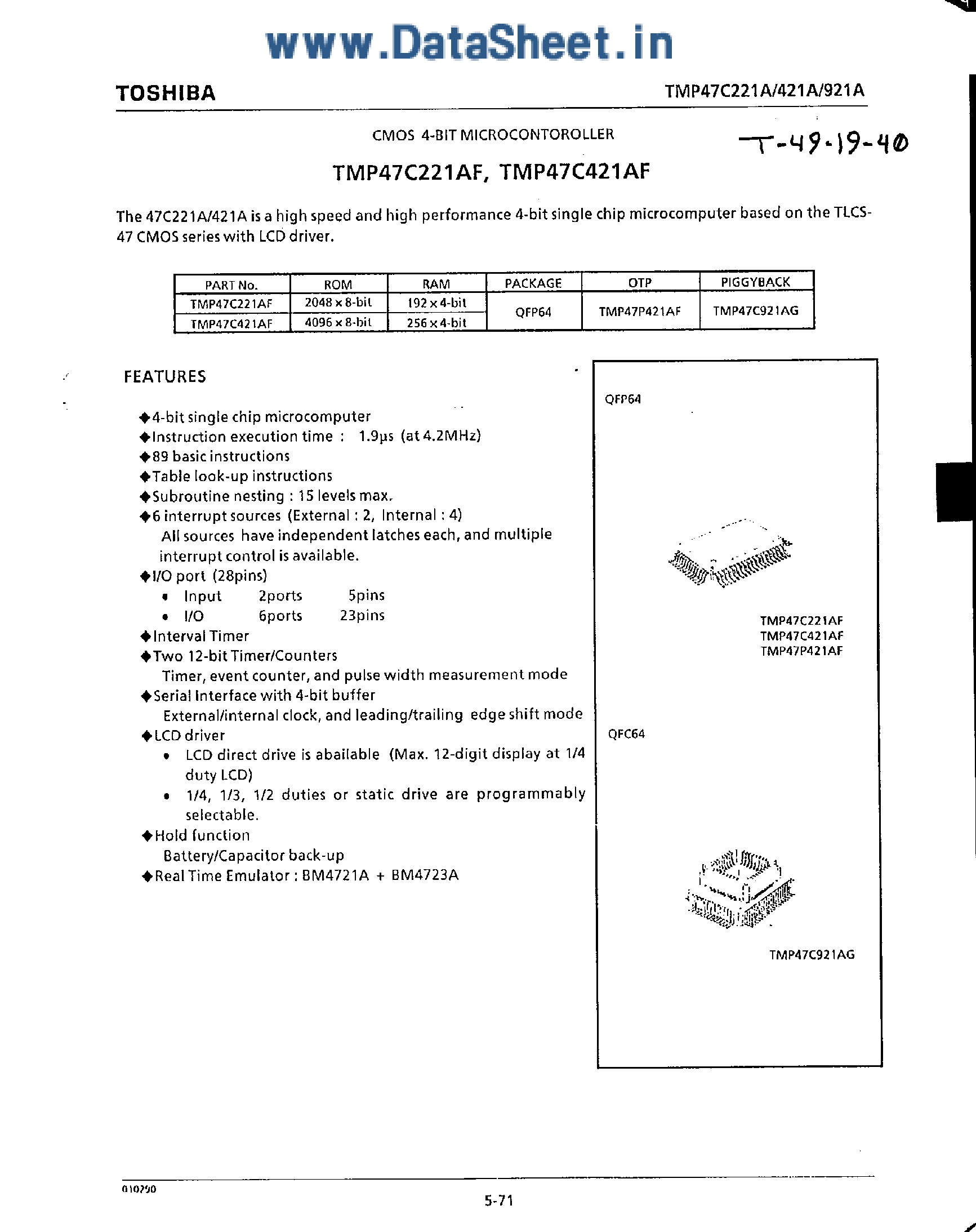 Datasheet TMP47C221AF - (TMP47C421AF / TMP47C221AF) CMOS 4-Bit MicroController page 1