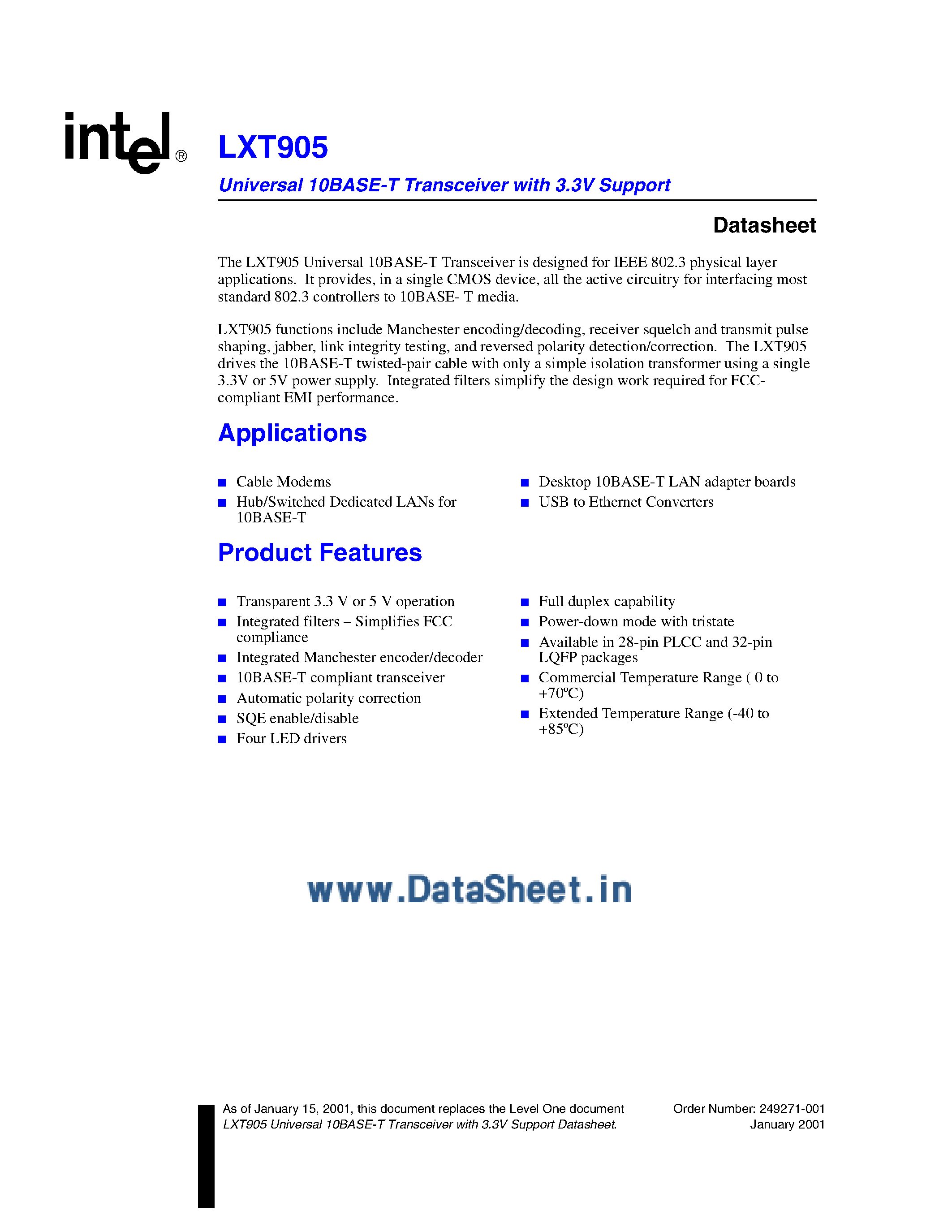 Datasheet LXT905 - Universal 10Base-T Transceiver with 3.3V Support page 1