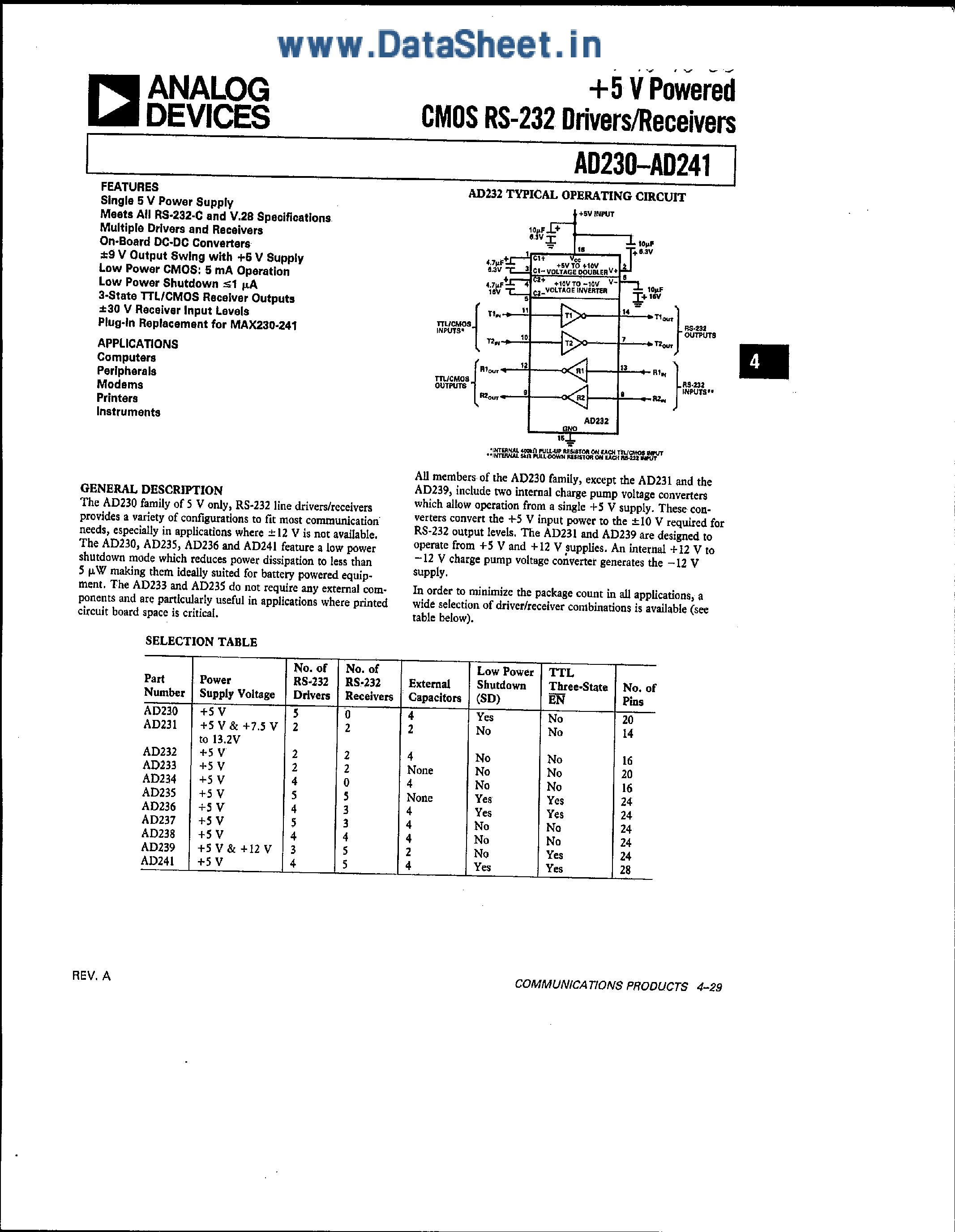 Datasheet AD230 - (AD230 - AD241) CMOS RE-232 Drivers / Receivers page 1
