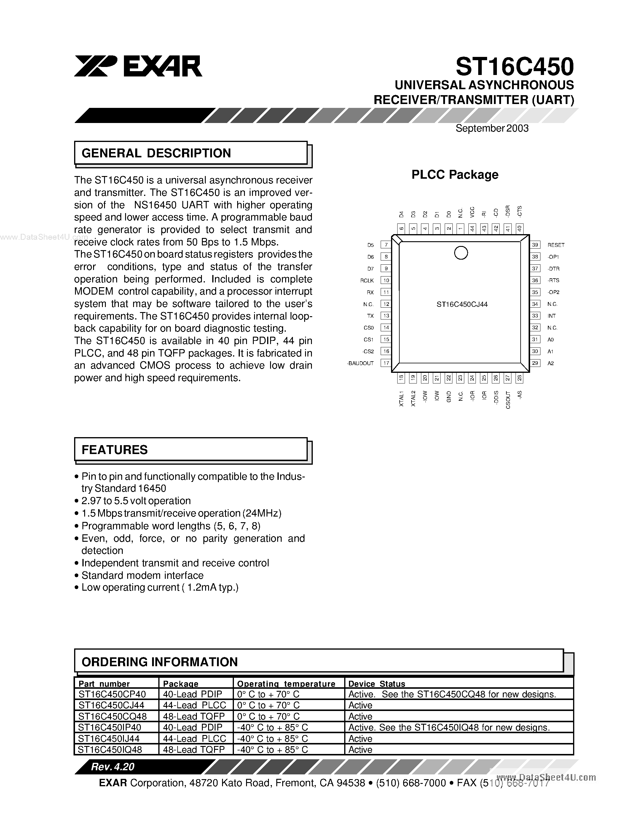 Datasheet 16C450 - Search ---> ST16C450 page 1