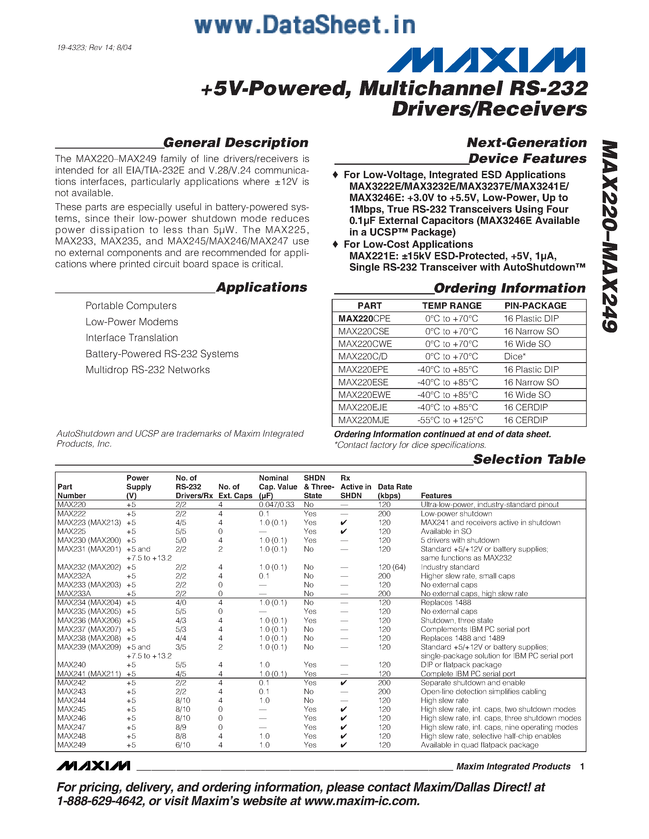 Datasheet MAX220 - (MAX220 - MAX249) +5V-Powered / Multichannel RS-232 Drivers/Receivers page 1