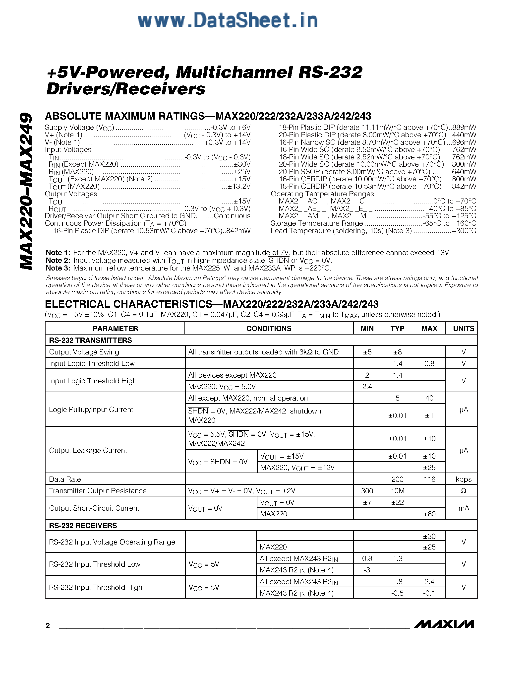 Datasheet MAX220 - (MAX220 - MAX249) +5V-Powered / Multichannel RS-232 Drivers/Receivers page 2